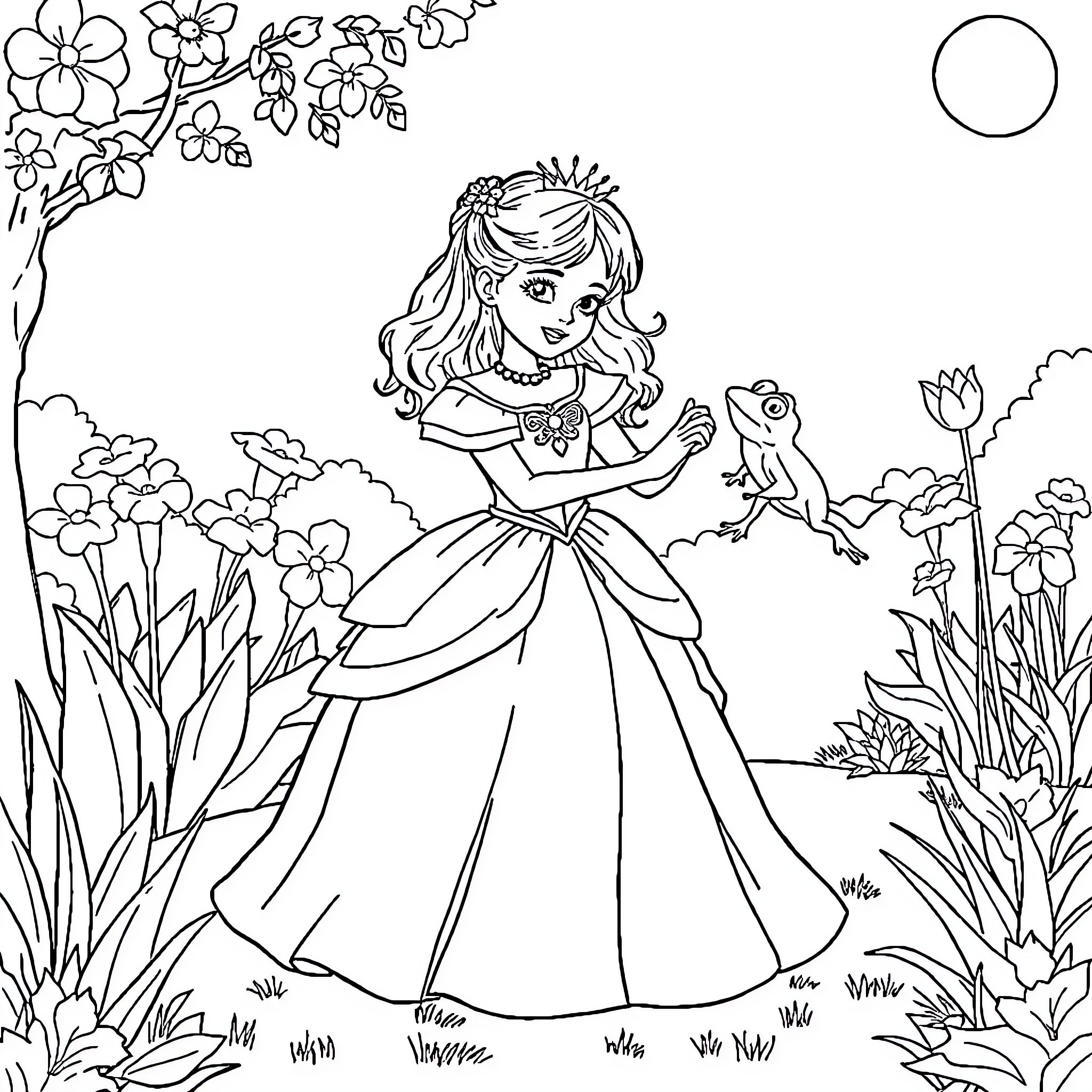 Girl in a Flower Garden with a Frog Coloring Page (free black-and-white line drawing printable PDF for all, from beginners to advanced learners, including children, teens, adults, and seniors)