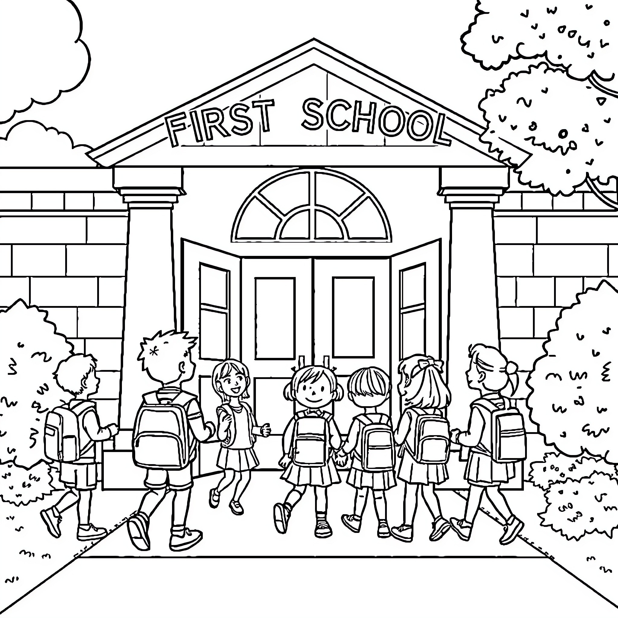 School children walking to the first school building Coloring Page (free black-and-white line drawing printable PDF for all, from beginners to advanced learners, including children, teens, adults, and seniors)