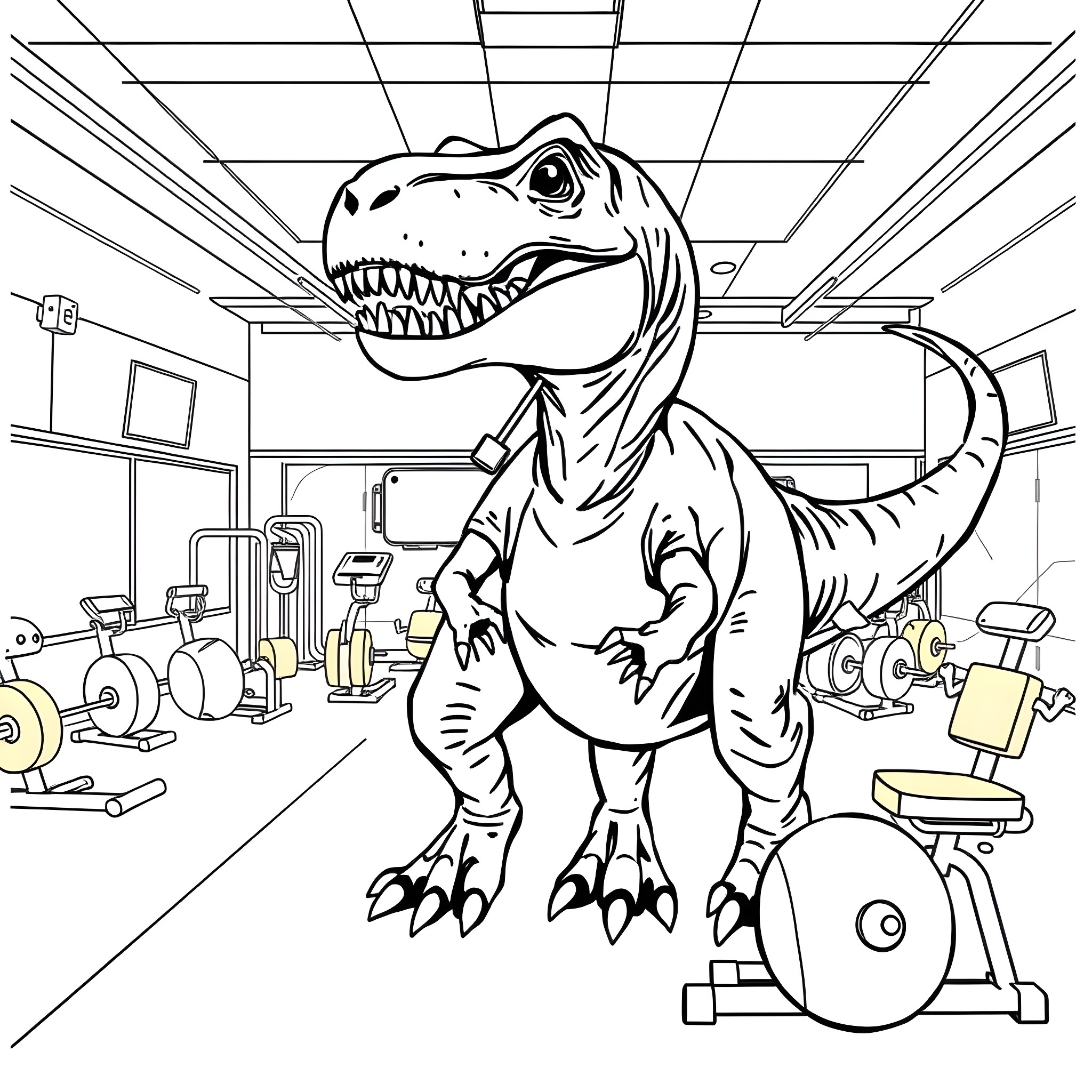 T-Rex Roaming in the Gym Coloring Page (free black-and-white line drawing printable PDF for all, from beginners to advanced learners, including children, teens, adults, and seniors)