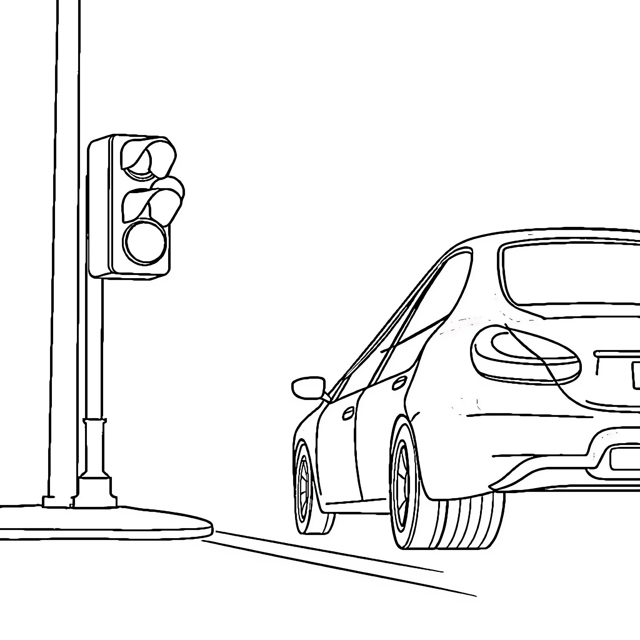Car stopped at traffic signal Coloring Page (free black-and-white line drawing printable PDF for all, from beginners to advanced learners, including children, teens, adults, and seniors)