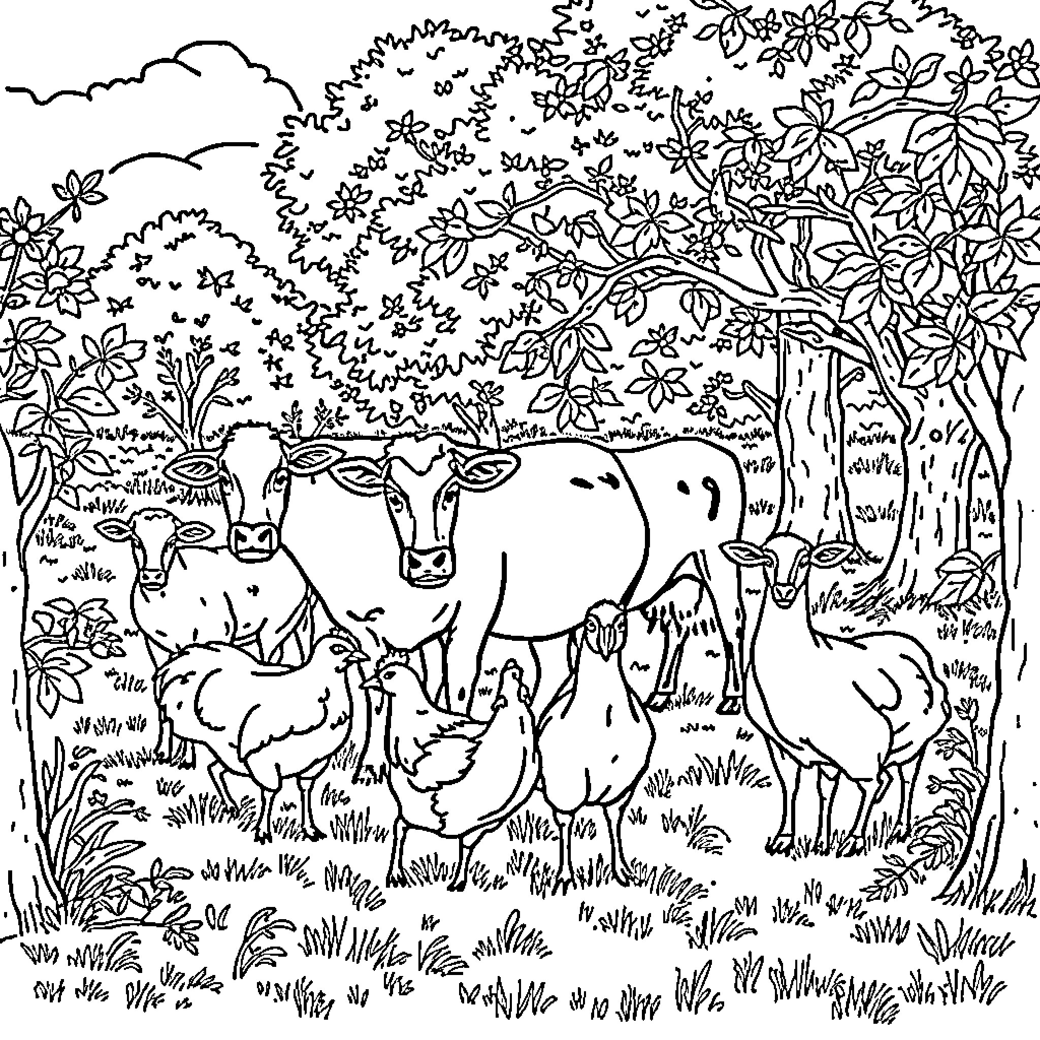 Farm Animals Grazing Peacefully in Lush Woodland Coloring Page (free black-and-white line drawing printable PDF for all, from beginners to advanced learners, including children, teens, adults, and seniors)