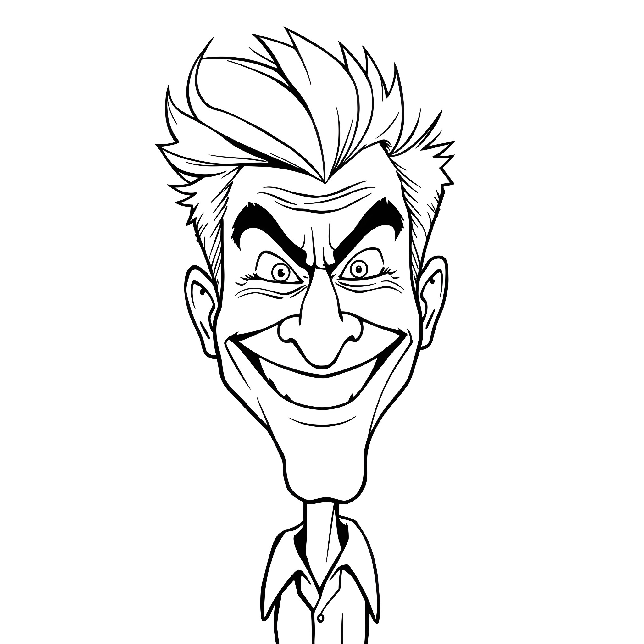 Donald Trump's Animated Caricature with Exaggerated Features Coloring Page (free black-and-white line drawing printable PDF for all, from beginners to advanced learners, including children, teens, adults, and seniors)