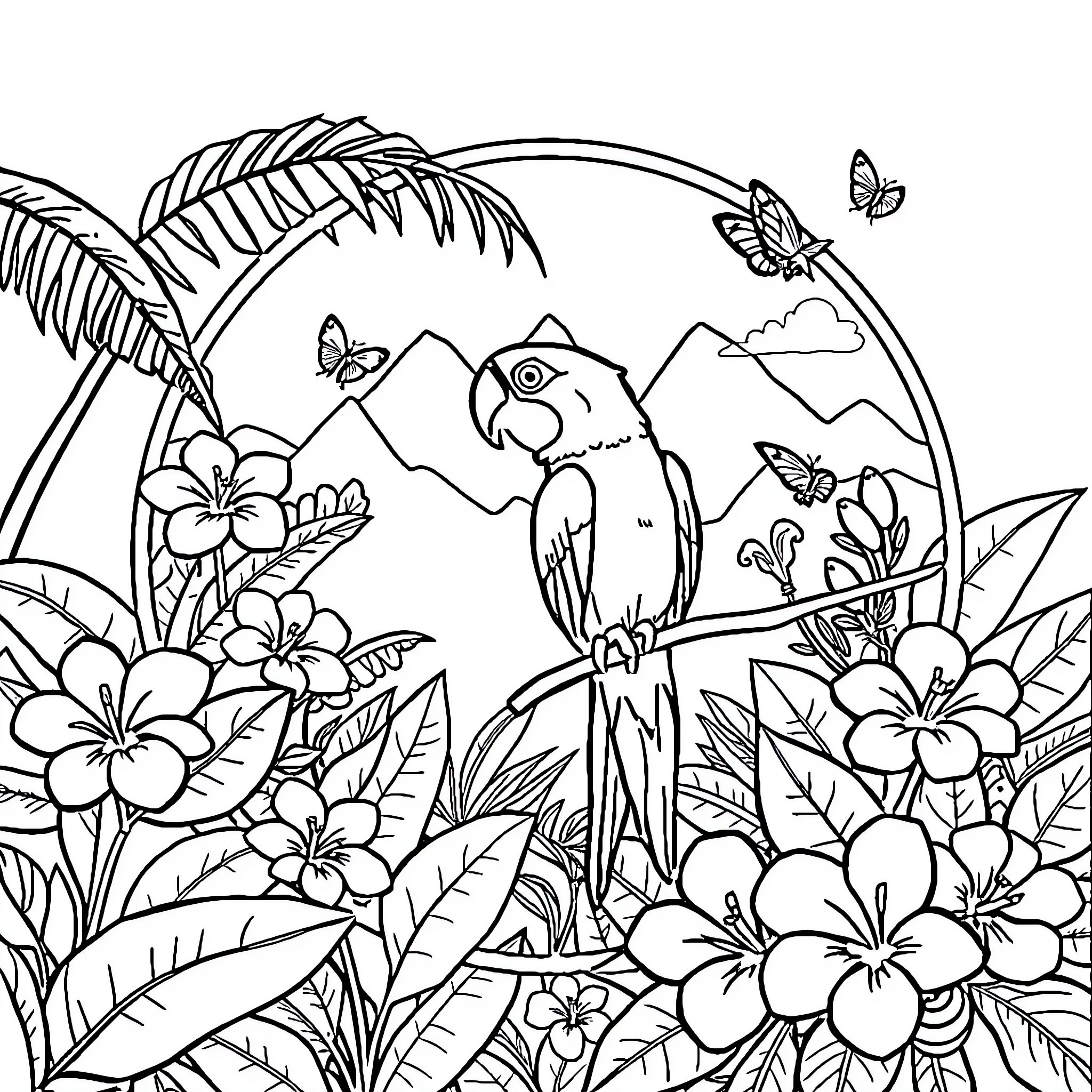 Parrot perched amidst tropical foliage and flowers Coloring Page (free black-and-white line drawing printable PDF for all, from beginners to advanced learners, including children, teens, adults, and seniors)