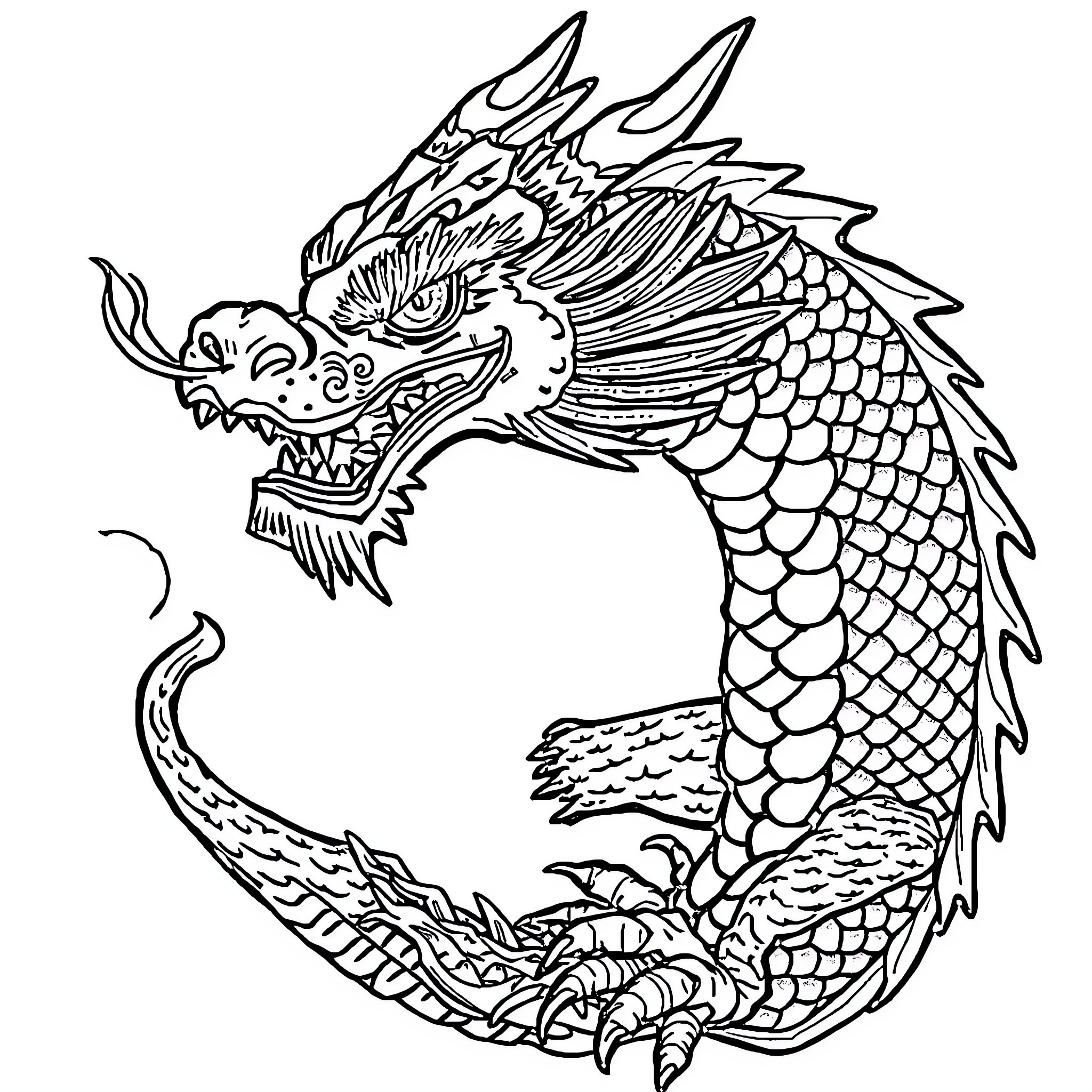 Dragon's Fierce Roar and Formidable Presence Coloring Page (free black-and-white line drawing printable PDF for all, from beginners to advanced learners, including children, teens, adults, and seniors)