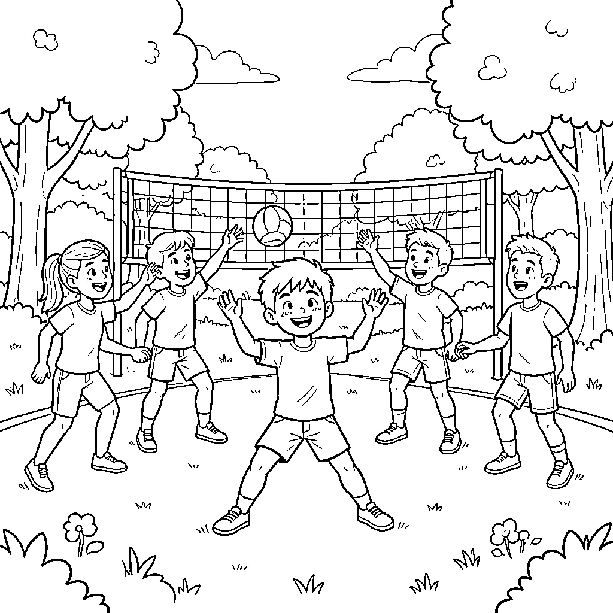 Niños playing a friendly soccer game outdoors Coloring Page (free black-and-white line drawing printable PDF for all, from beginners to advanced learners, including children, teens, adults, and seniors)