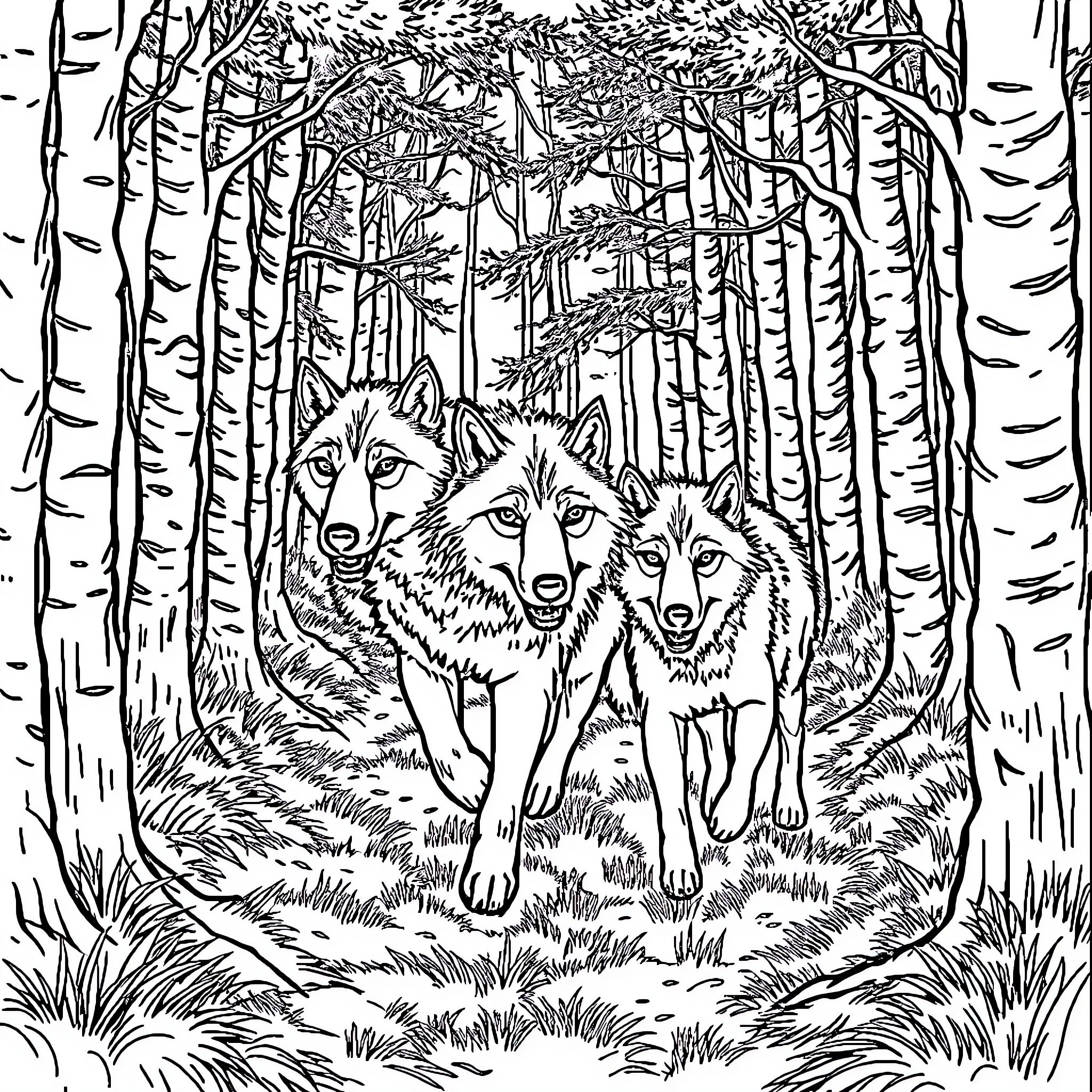 Wolf Family in the Forested Wilderness Coloring Page (free black-and-white line drawing printable PDF for all, from beginners to advanced learners, including children, teens, adults, and seniors)