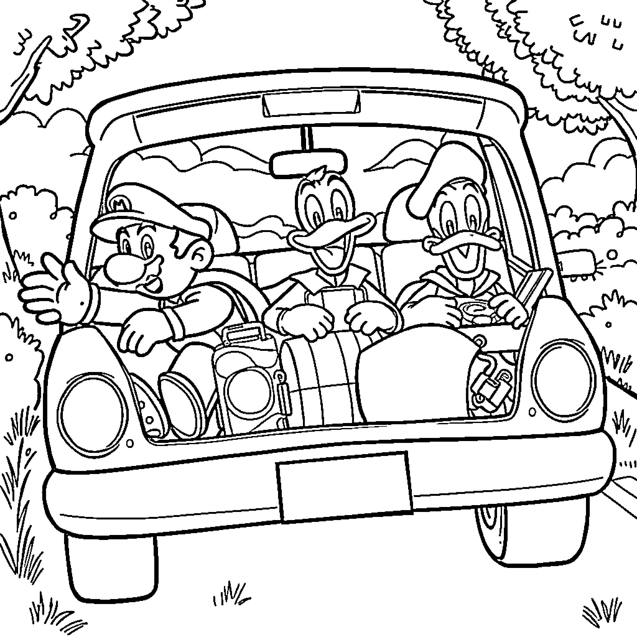 Car with Cartoon Characters on a Road Trip Coloring Page (free black-and-white line drawing printable PDF for all, from beginners to advanced learners, including children, teens, adults, and seniors)