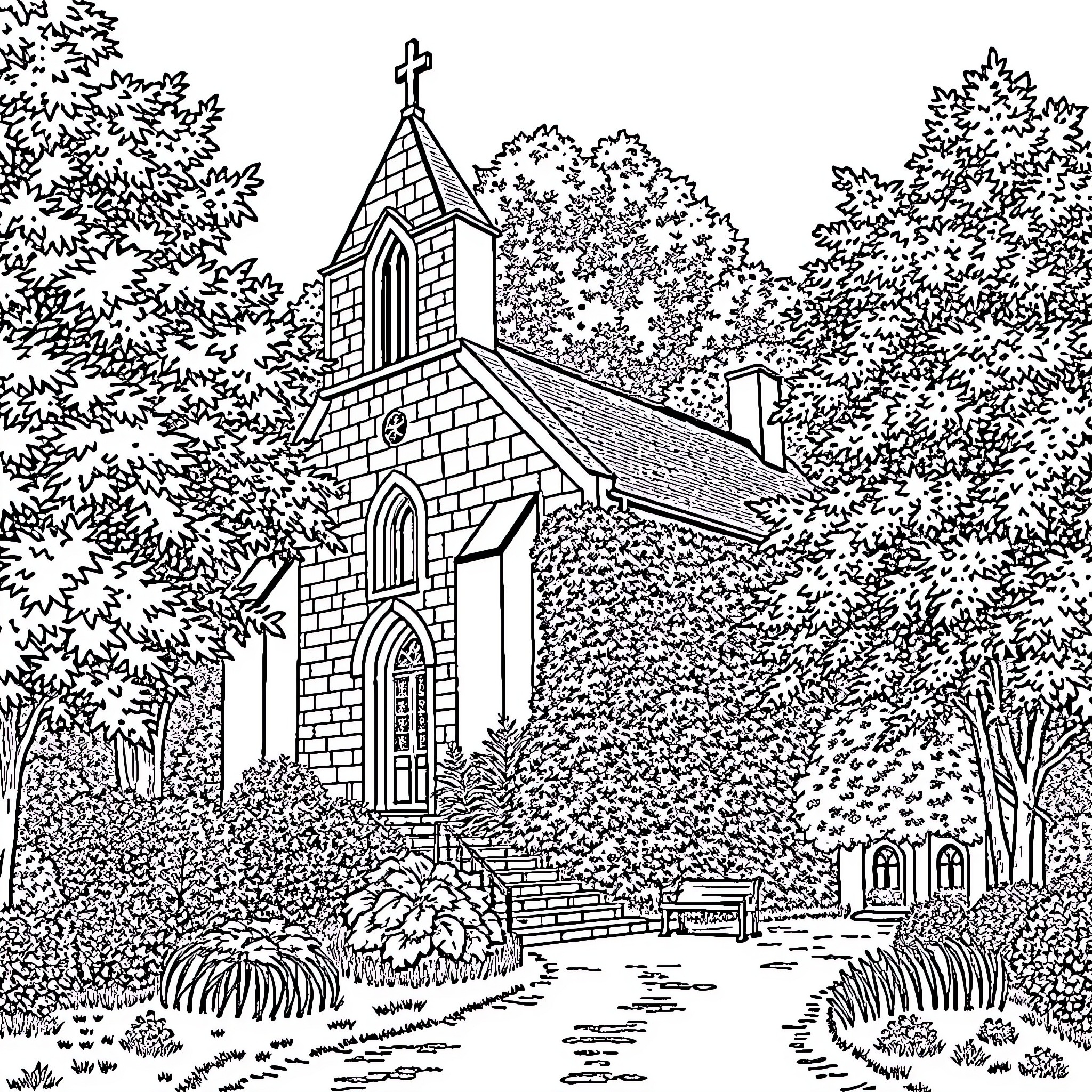 Church in the peaceful forest landscape Coloring Page (free black-and-white line drawing printable PDF for all, from beginners to advanced learners, including children, teens, adults, and seniors)