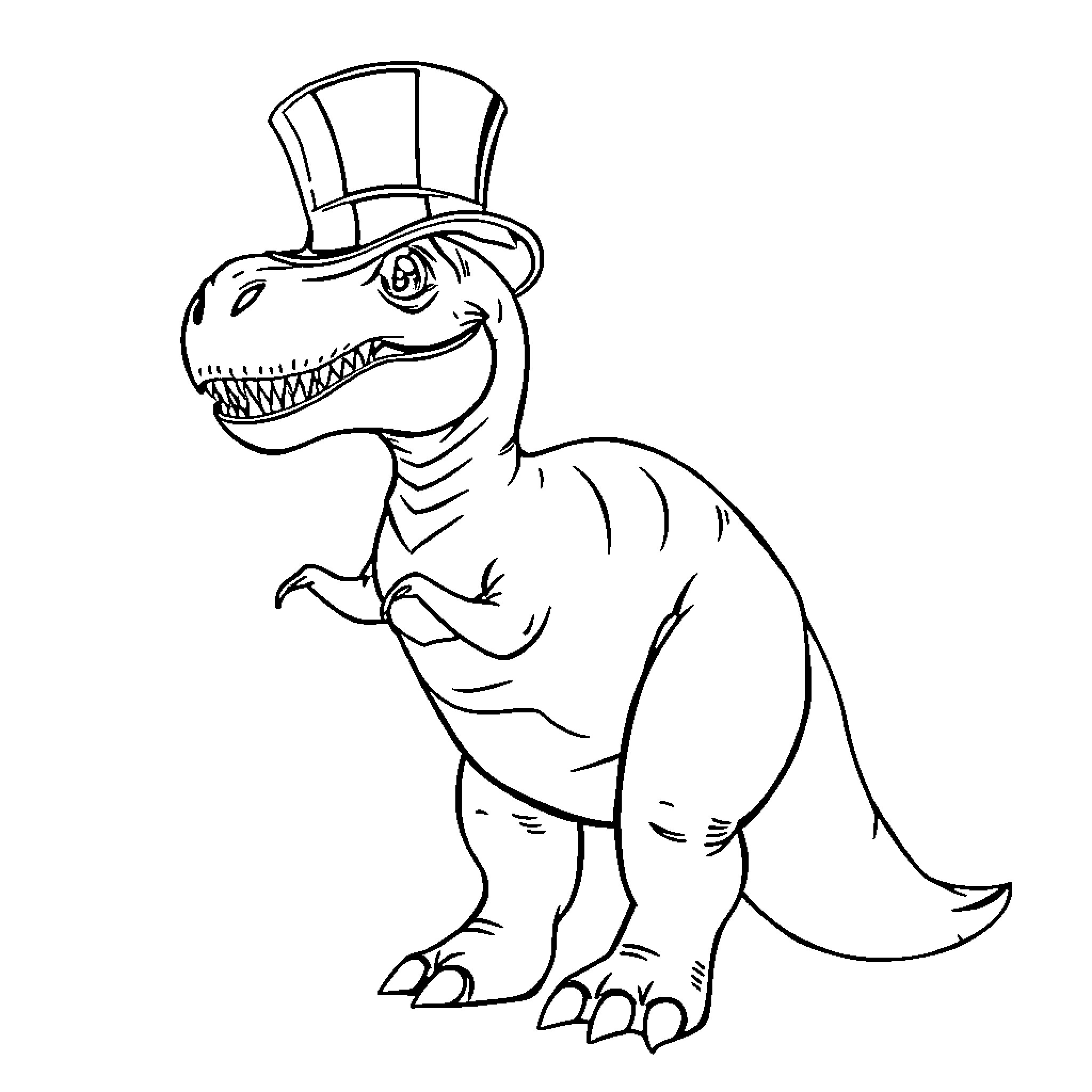 Dinosaur wearing a top hat Coloring Page (free black-and-white line drawing printable PDF for all, from beginners to advanced learners, including children, teens, adults, and seniors)