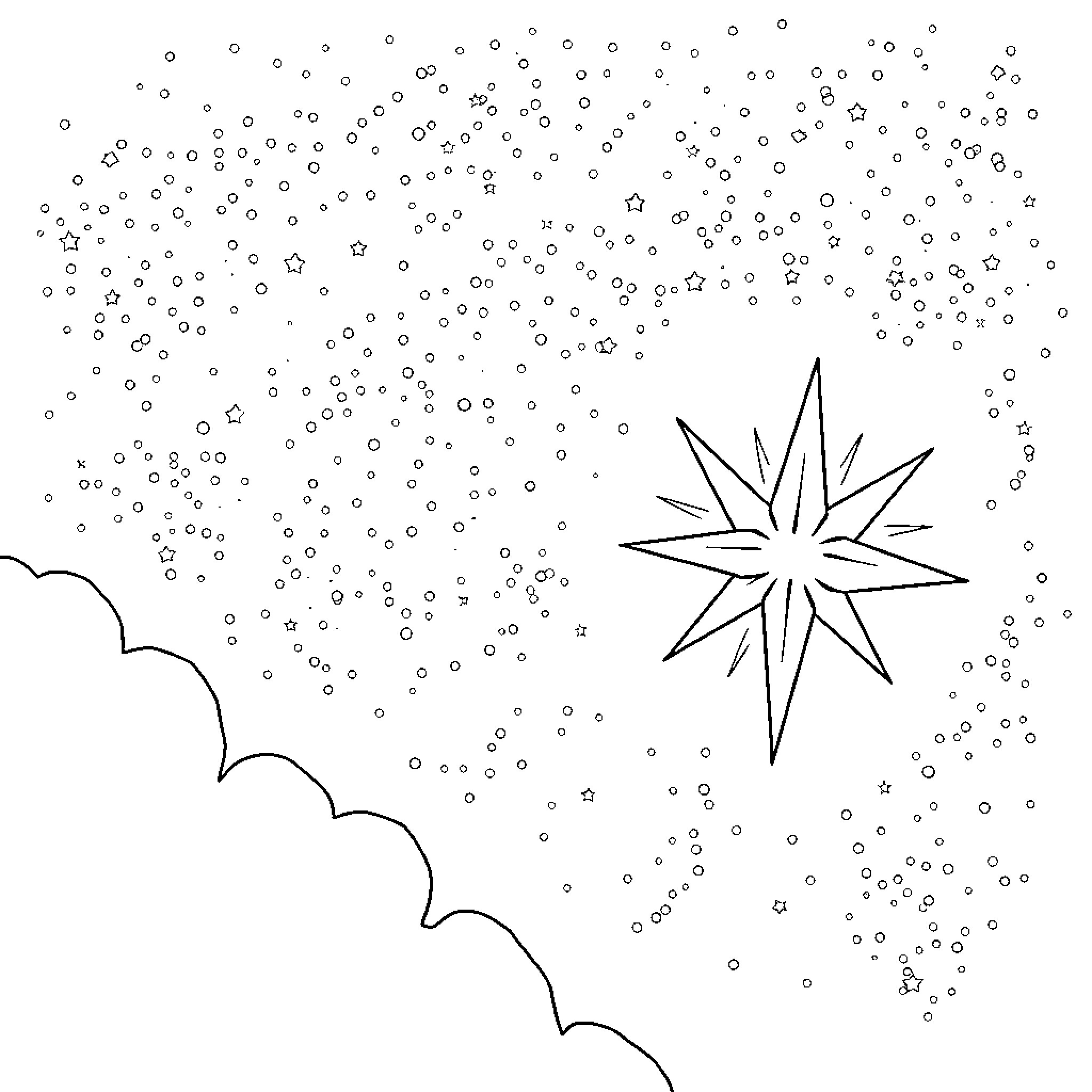 Starblanket with starry night sky Coloring Page (free black-and-white line drawing printable PDF for all, from beginners to advanced learners, including children, teens, adults, and seniors)