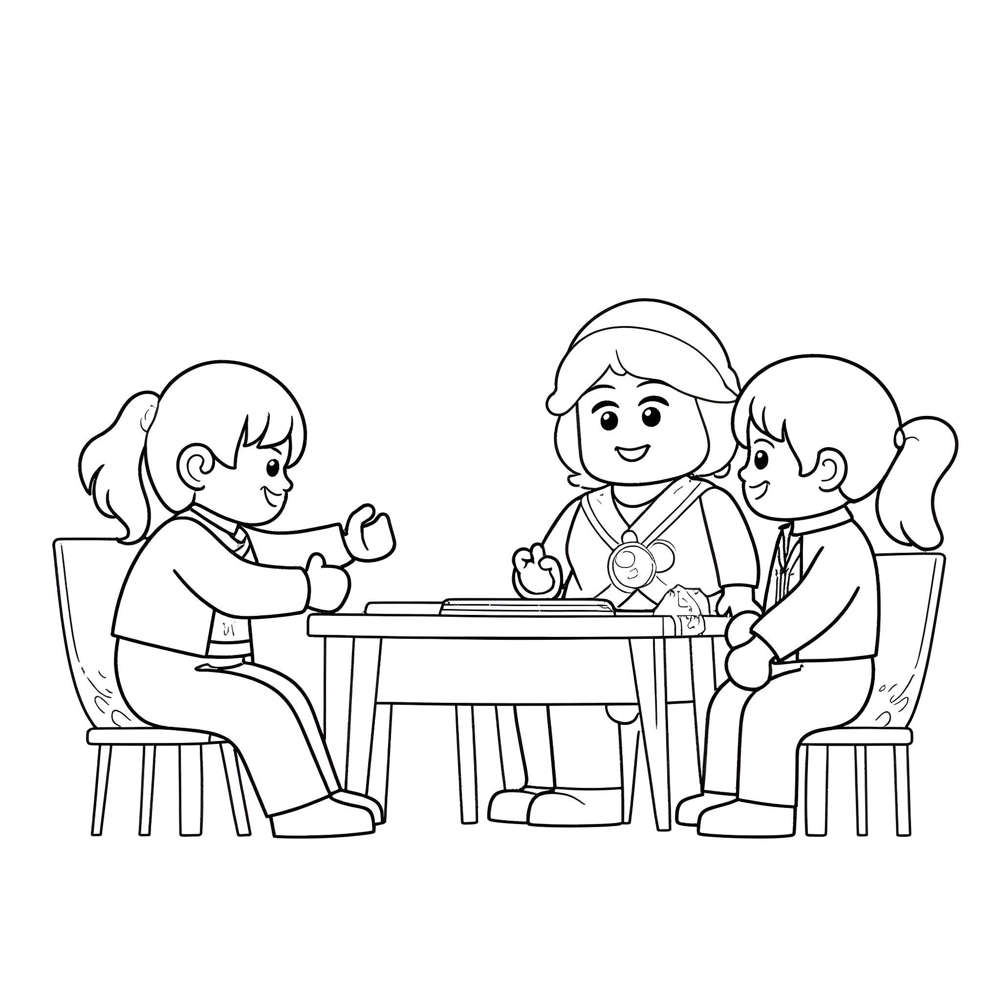 Ninjago Kai Interacting with Friends at School Coloring Page (free black-and-white line drawing printable PDF for all, from beginners to advanced learners, including children, teens, adults, and seniors)