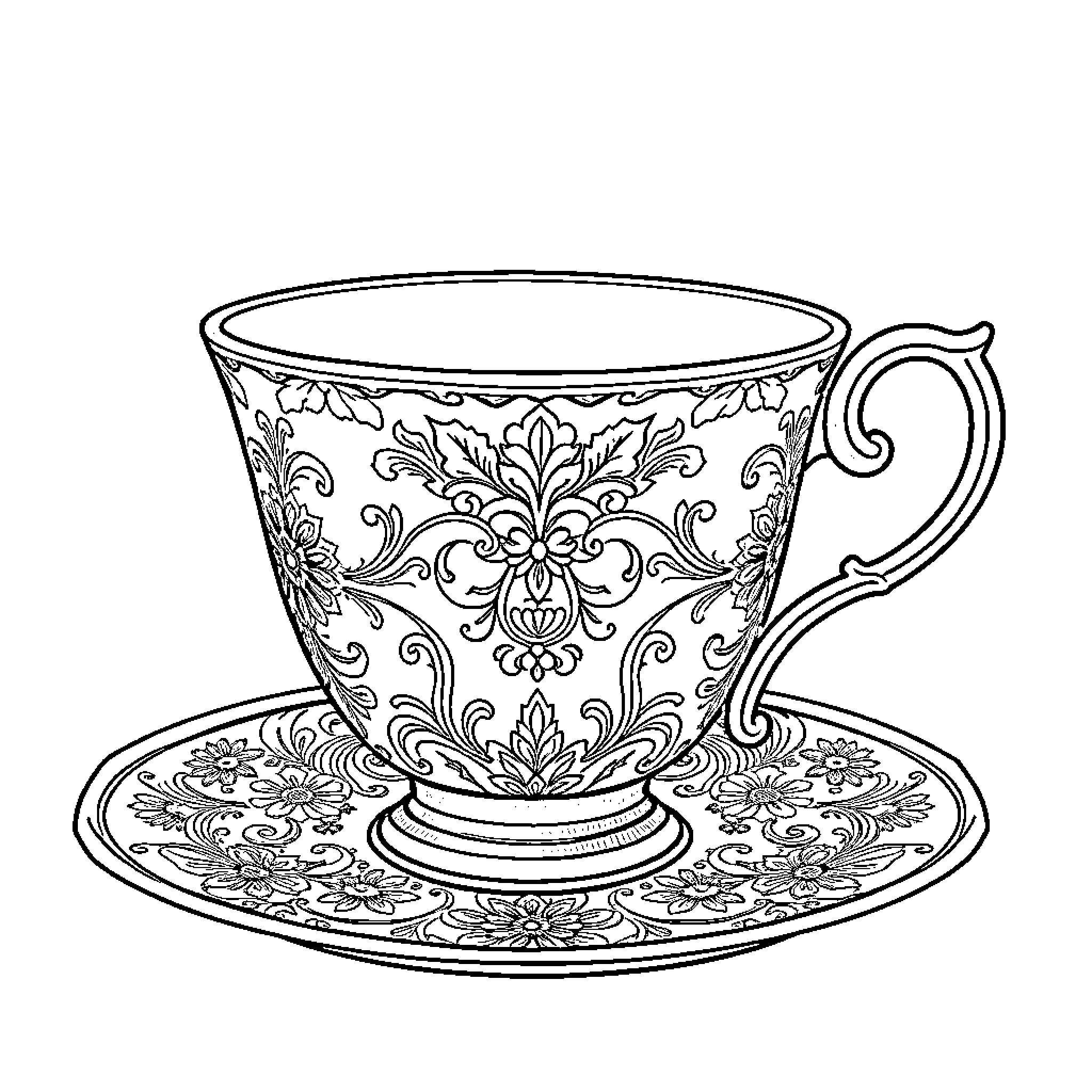 Tea Cup with Intricate Floral Pattern Coloring Page (free black-and-white line drawing printable PDF for all, from beginners to advanced learners, including children, teens, adults, and seniors)