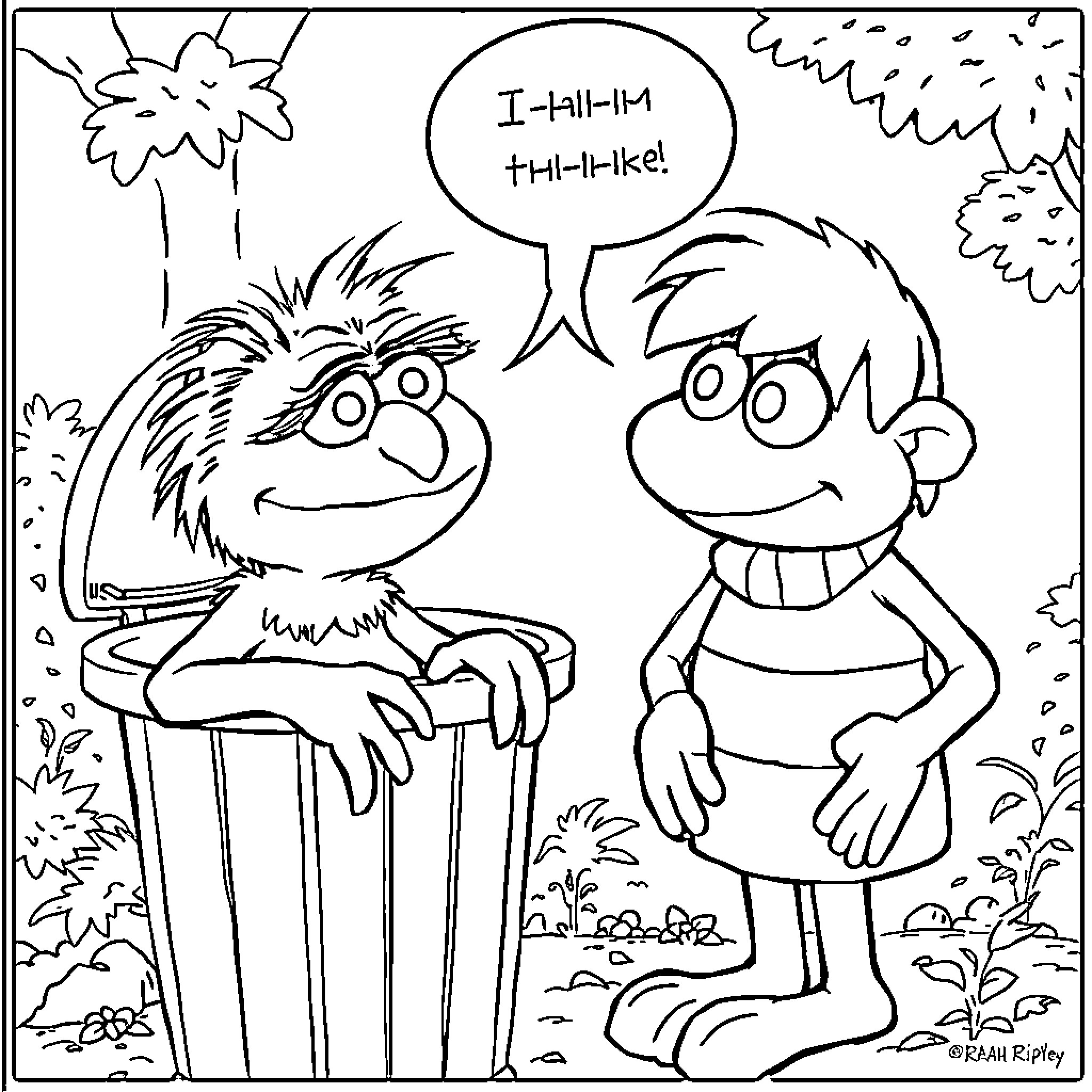 Oscar characters interacting in a playful manner Coloring Page (free black-and-white line drawing printable PDF for all, from beginners to advanced learners, including children, teens, adults, and seniors)
