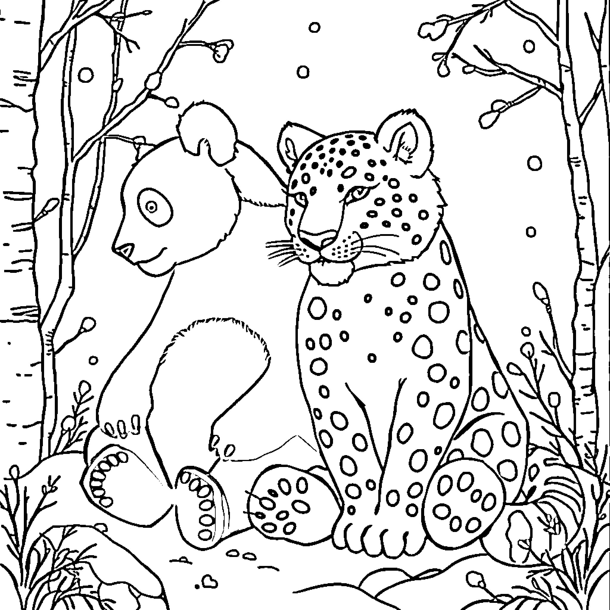 Panda and leopard cub playing in the snowy forest Coloring Page (free black-and-white line drawing printable PDF for all, from beginners to advanced learners, including children, teens, adults, and seniors)
