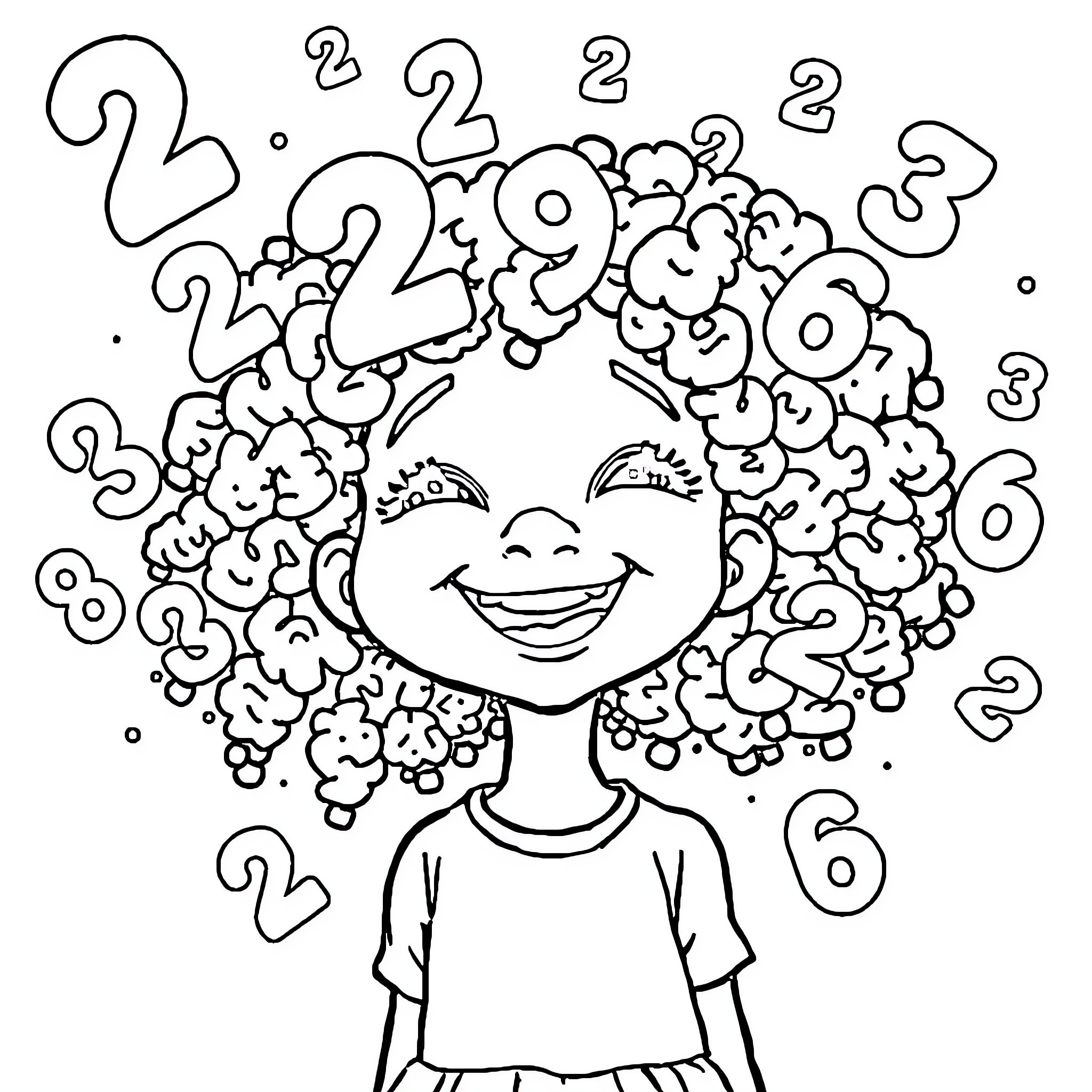 Girl surrounded by swirling numbers Coloring Page (free black-and-white line drawing printable PDF for all, from beginners to advanced learners, including children, teens, adults, and seniors)