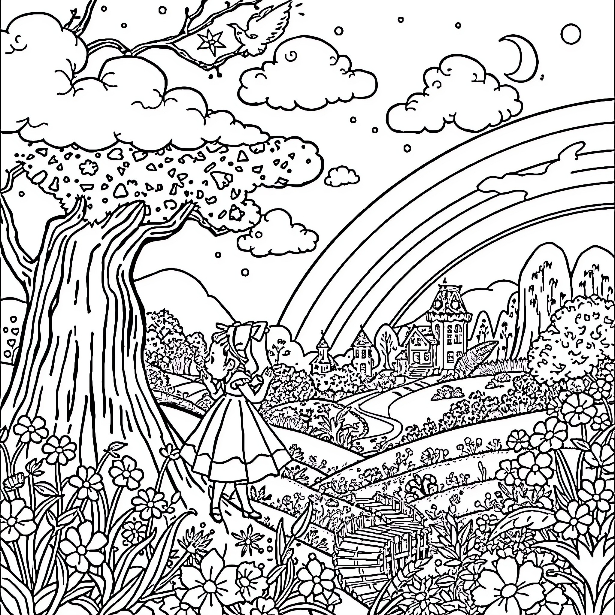 Alice in a Whimsical Fairytale Landscape Coloring Page (free black-and-white line drawing printable PDF for all, from beginners to advanced learners, including children, teens, adults, and seniors)