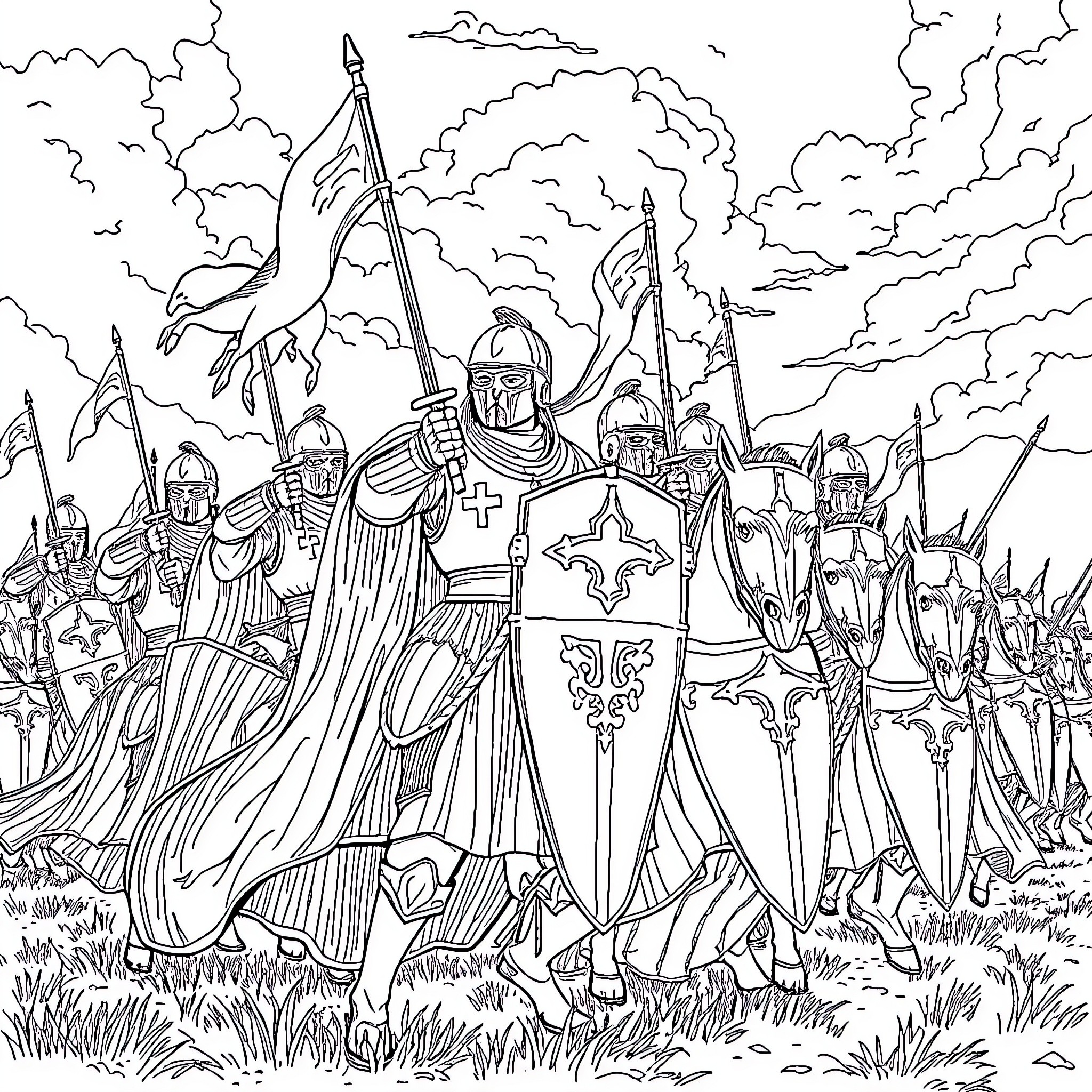 Chevalier's Heroic Crusade Coloring Page (free black-and-white line drawing printable PDF for all, from beginners to advanced learners, including children, teens, adults, and seniors)