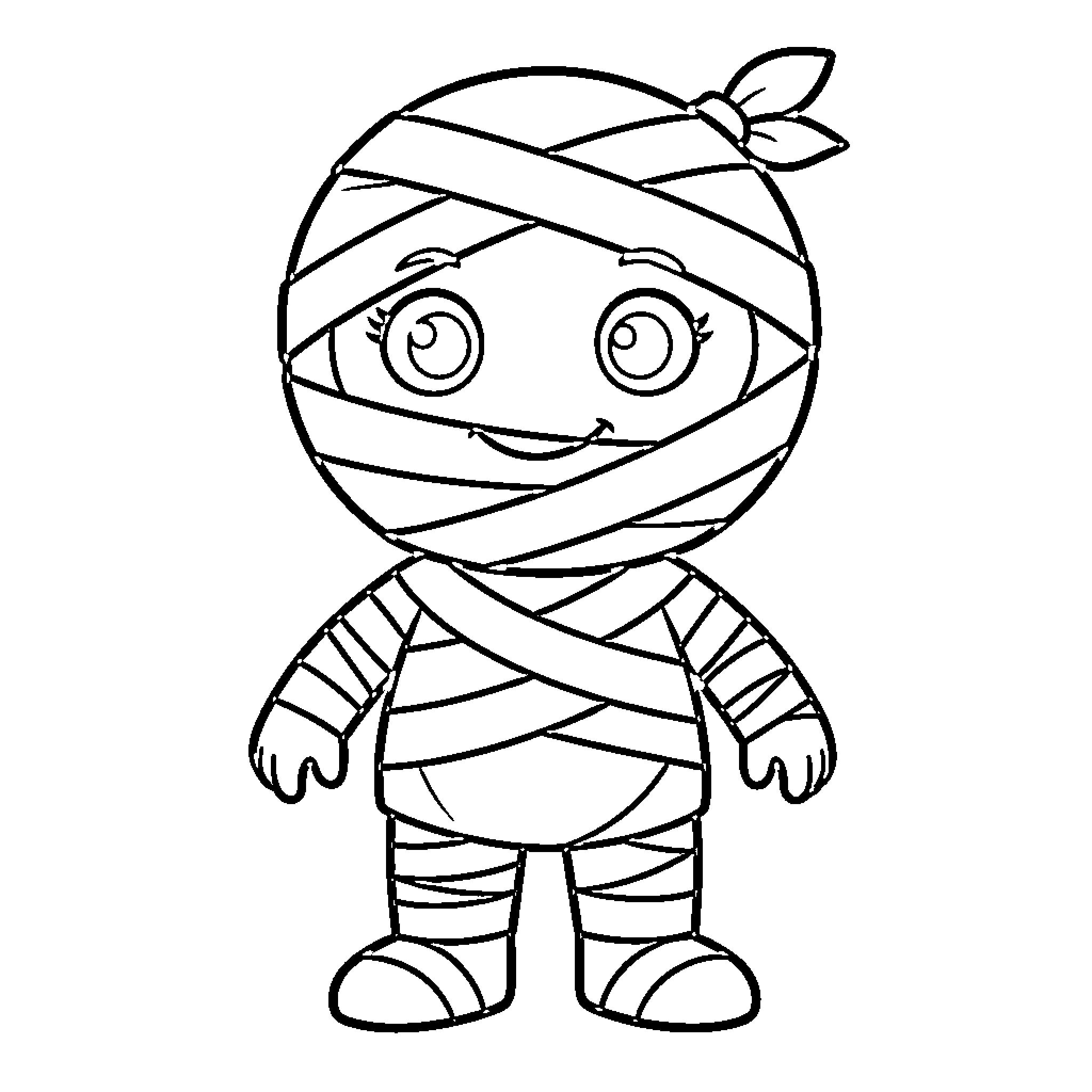 Mummy smiling happily with large expressive eyes Coloring Page (free black-and-white line drawing printable PDF for all, from beginners to advanced learners, including children, teens, adults, and seniors)