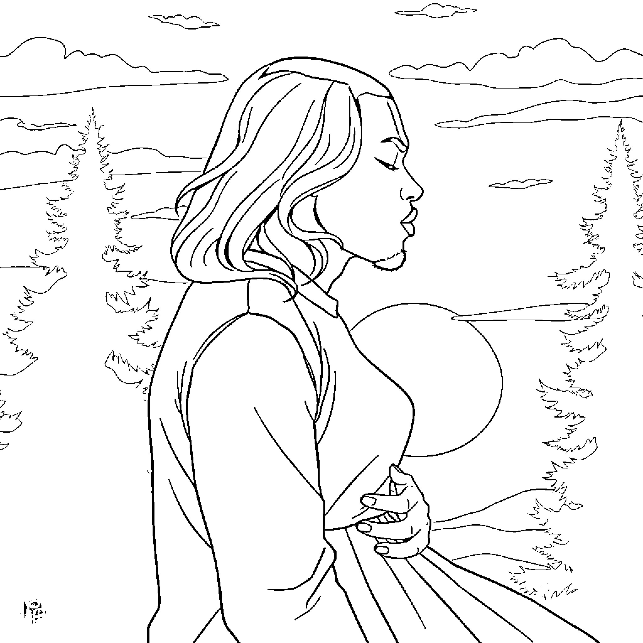 Woman walking alone in tranquil countryside Coloring Page (free black-and-white line drawing printable PDF for all, from beginners to advanced learners, including children, teens, adults, and seniors)