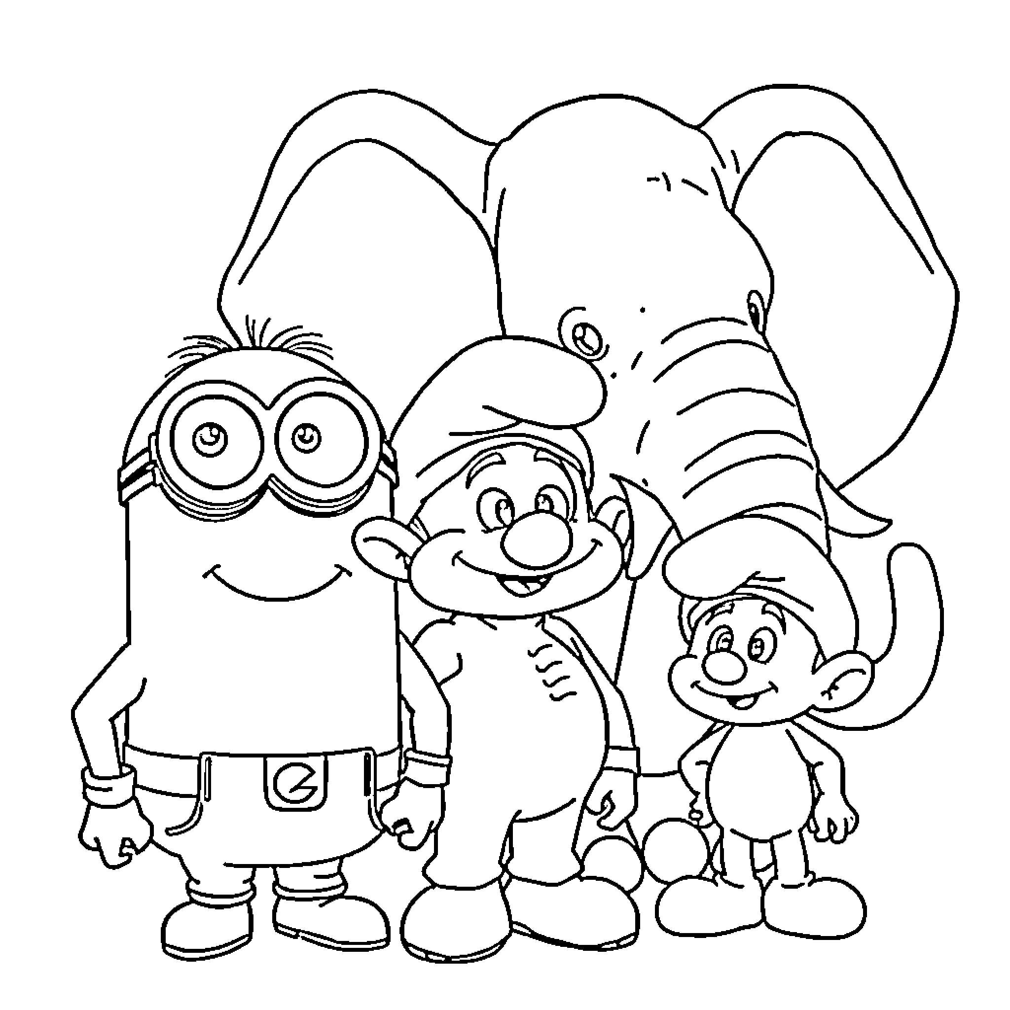 Minions and Trolls in Silly Poses Coloring Page (free black-and-white line drawing printable PDF for all, from beginners to advanced learners, including children, teens, adults, and seniors)