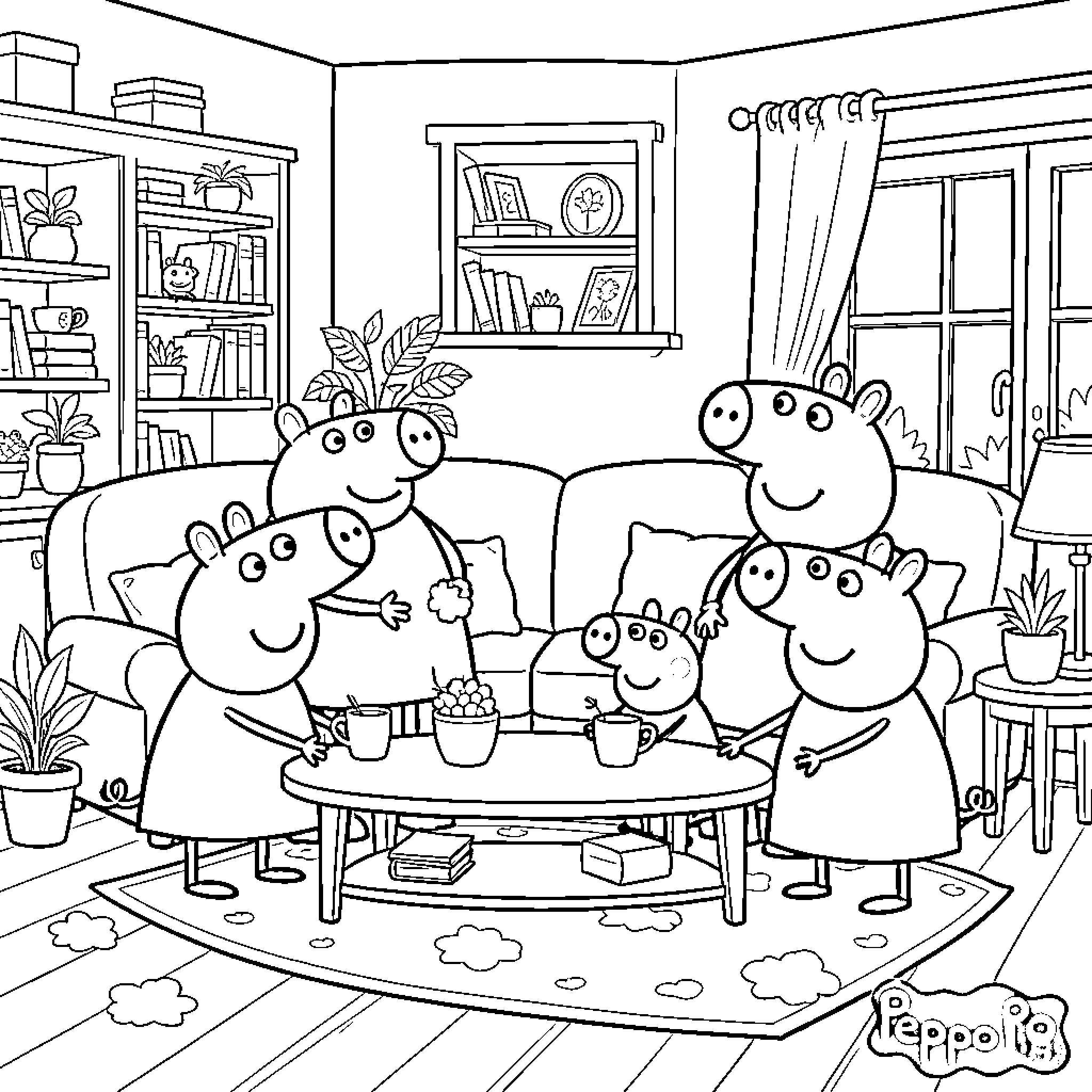Peppa Pig and family enjoying snacks on the sofa Coloring Page (free black-and-white line drawing printable PDF for all, from beginners to advanced learners, including children, teens, adults, and seniors)
