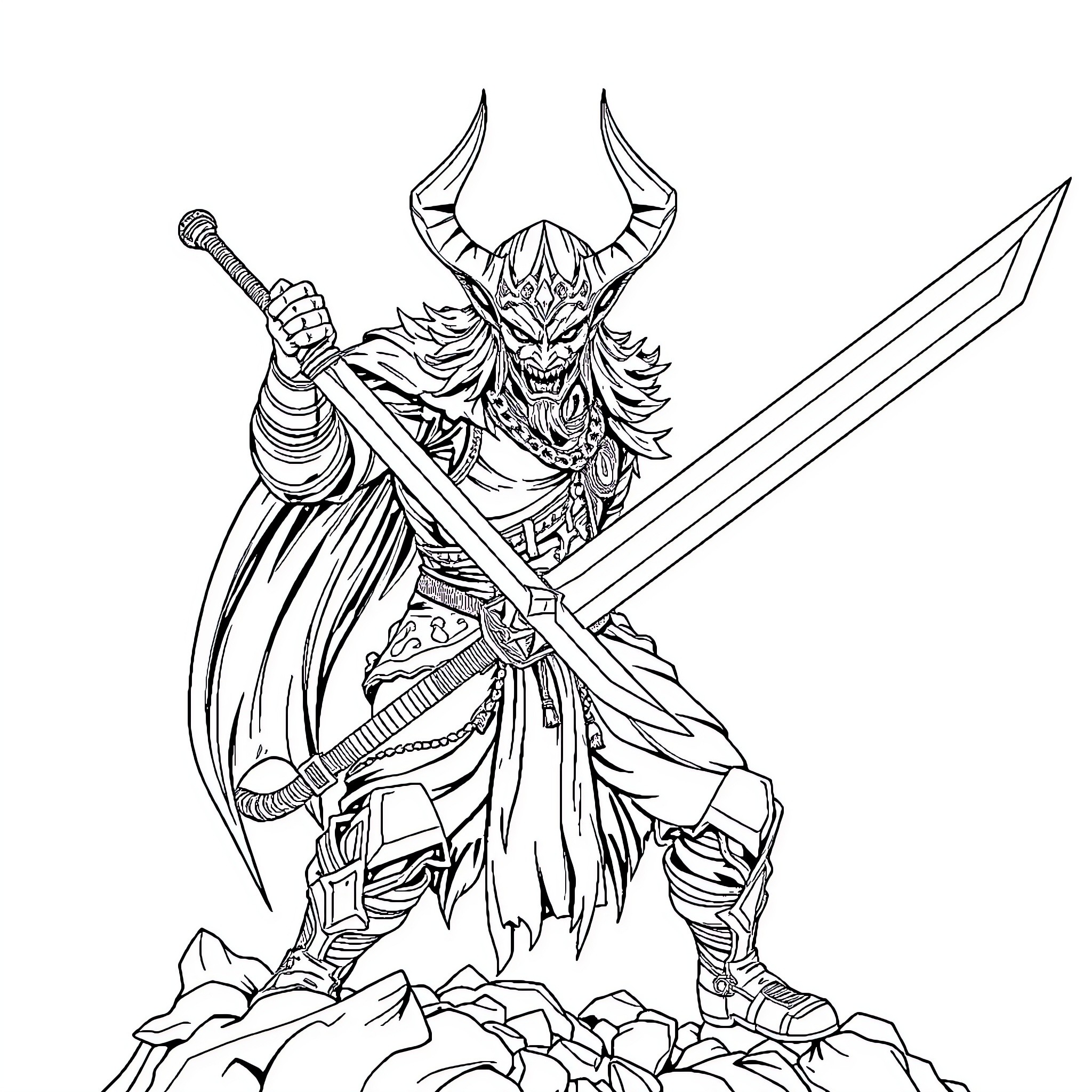 Demon Slayer Warrior Brandishing Sword with Horns Coloring Page (free black-and-white line drawing printable PDF for all, from beginners to advanced learners, including children, teens, adults, and seniors)