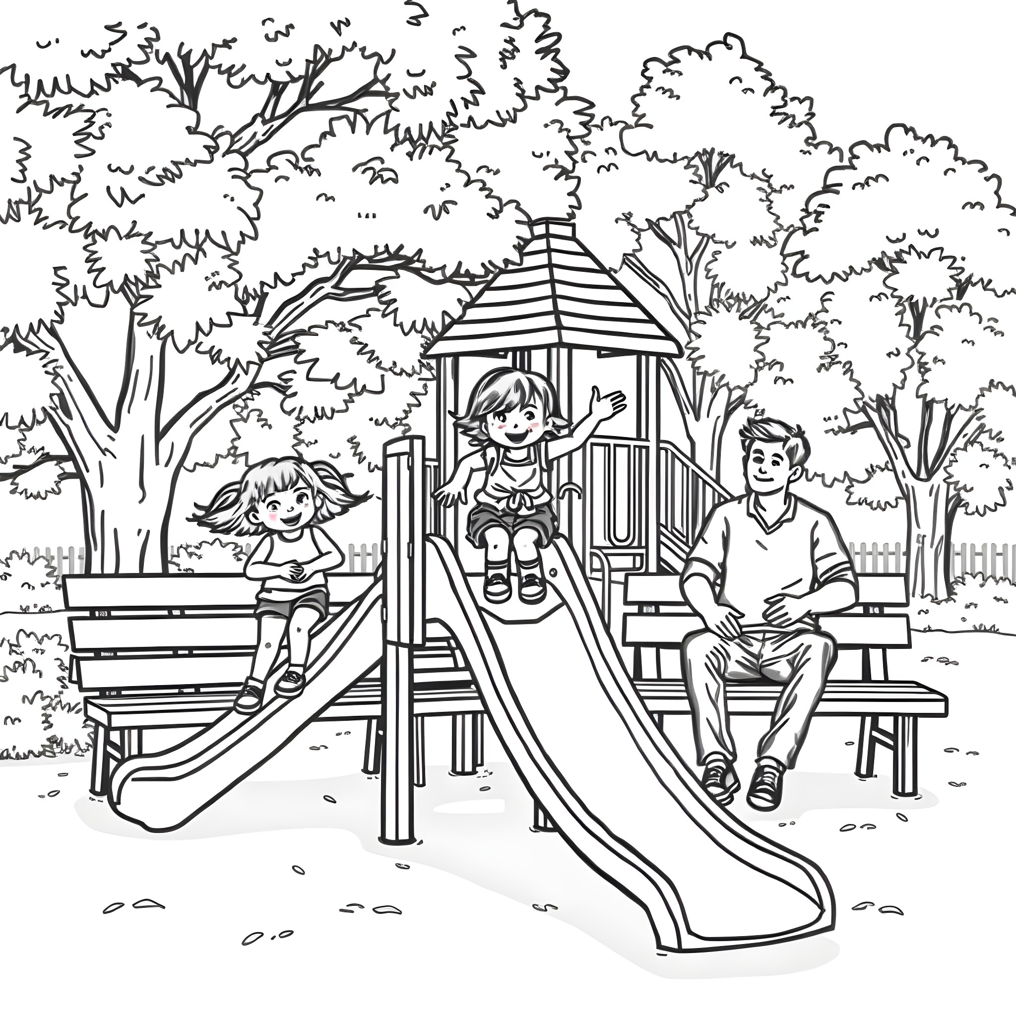 Child playing happily on the playground equipment Coloring Page (free black-and-white line drawing printable PDF for all, from beginners to advanced learners, including children, teens, adults, and seniors)