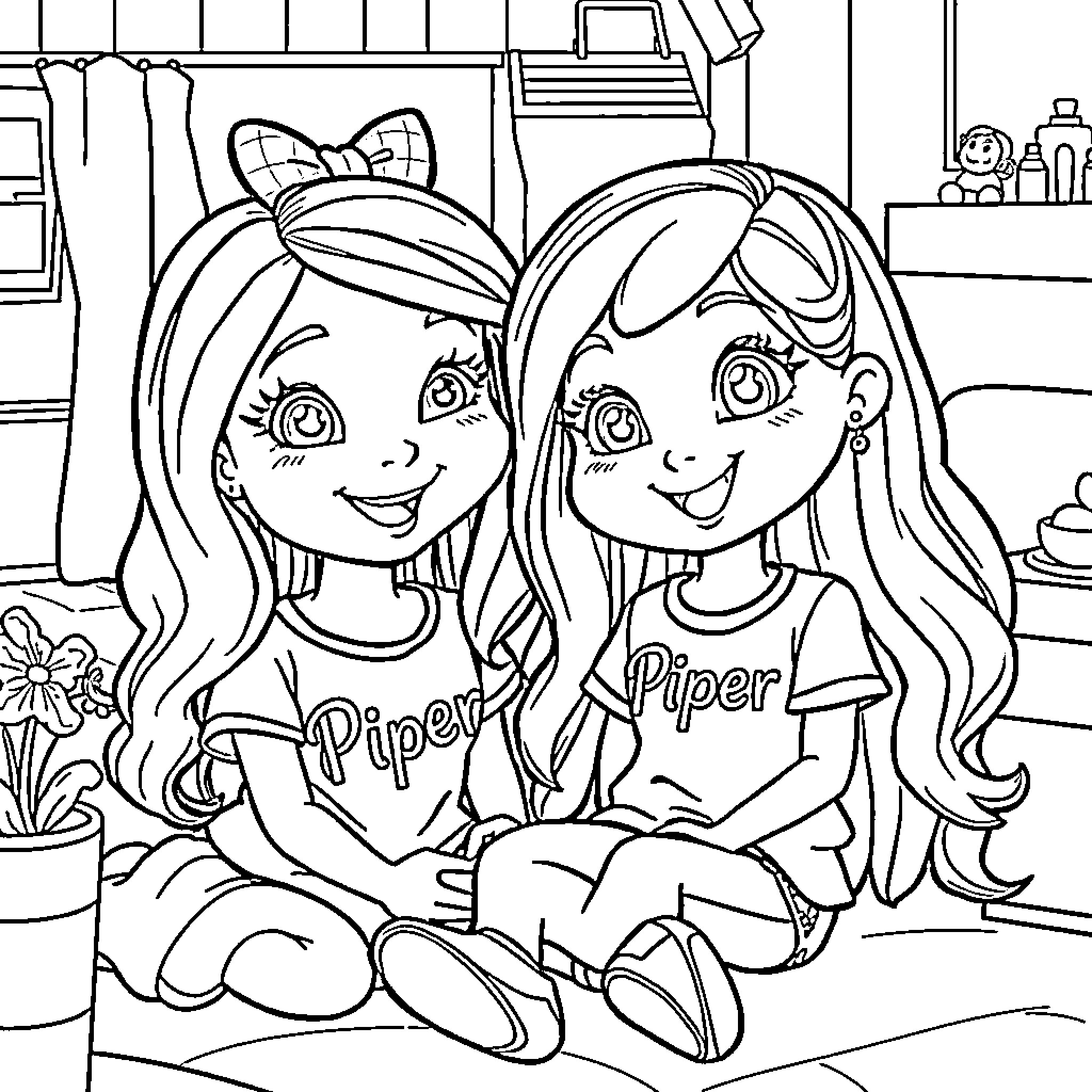 Gabby and Piper having a friendly conversation Coloring Page (free black-and-white line drawing printable PDF for all, from beginners to advanced learners, including children, teens, adults, and seniors)
