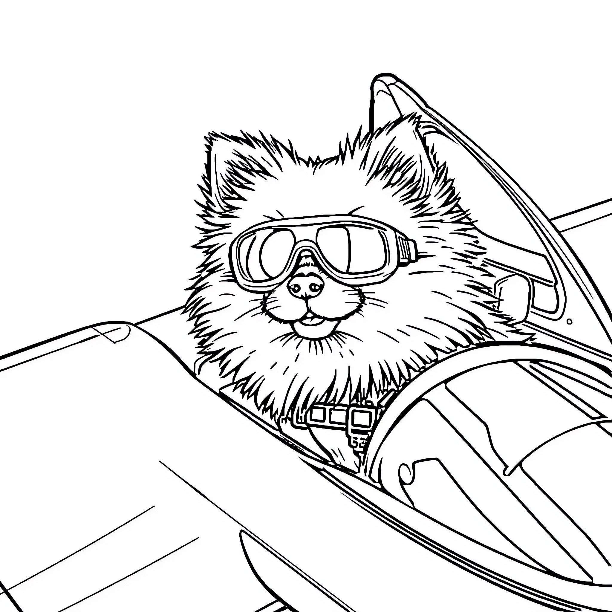 Pomeranian driving a sports car with goggles Coloring Page (free black-and-white line drawing printable PDF for all, from beginners to advanced learners, including children, teens, adults, and seniors)