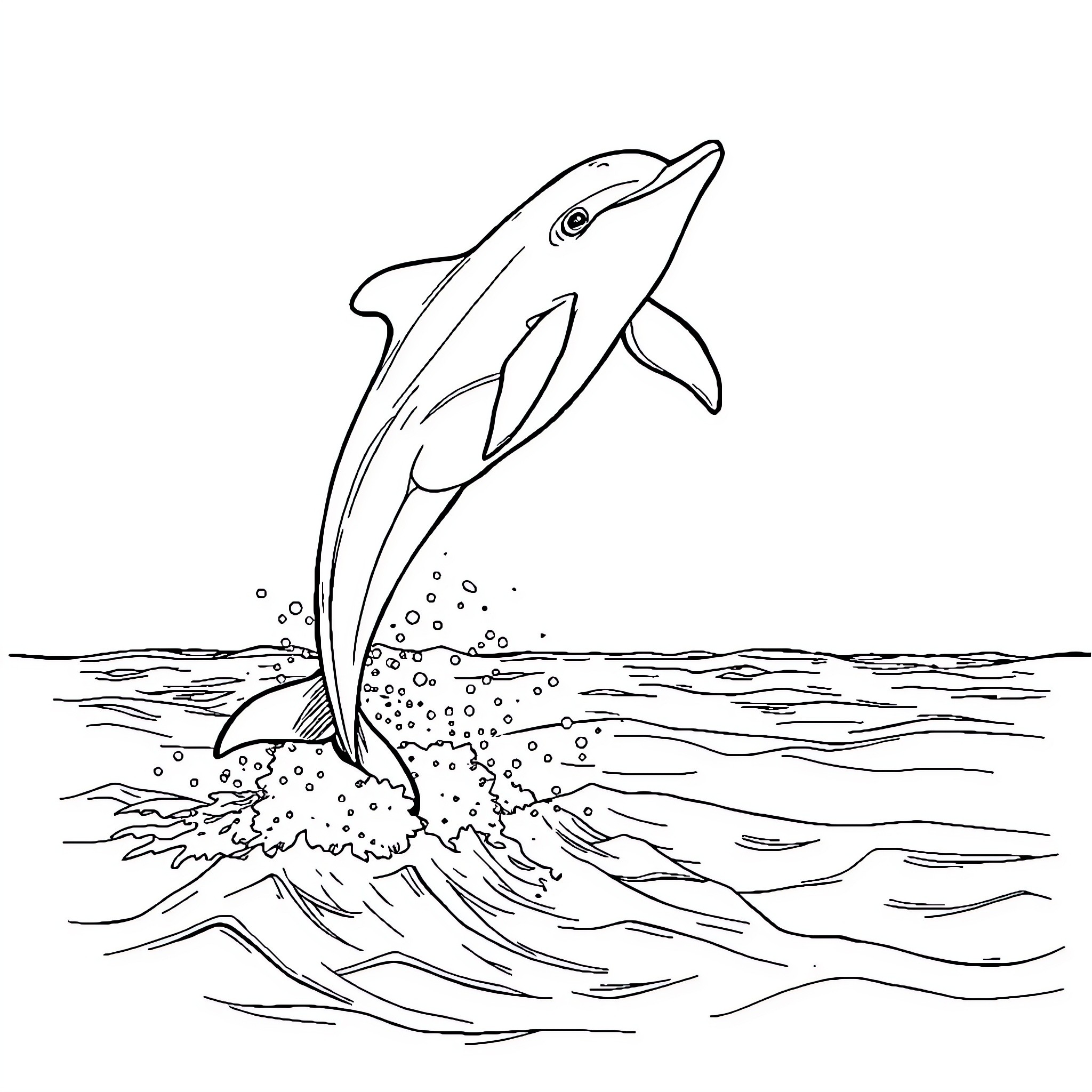 Dolphin leaping gracefully from the waves Coloring Page (free black-and-white line drawing printable PDF for all, from beginners to advanced learners, including children, teens, adults, and seniors)
