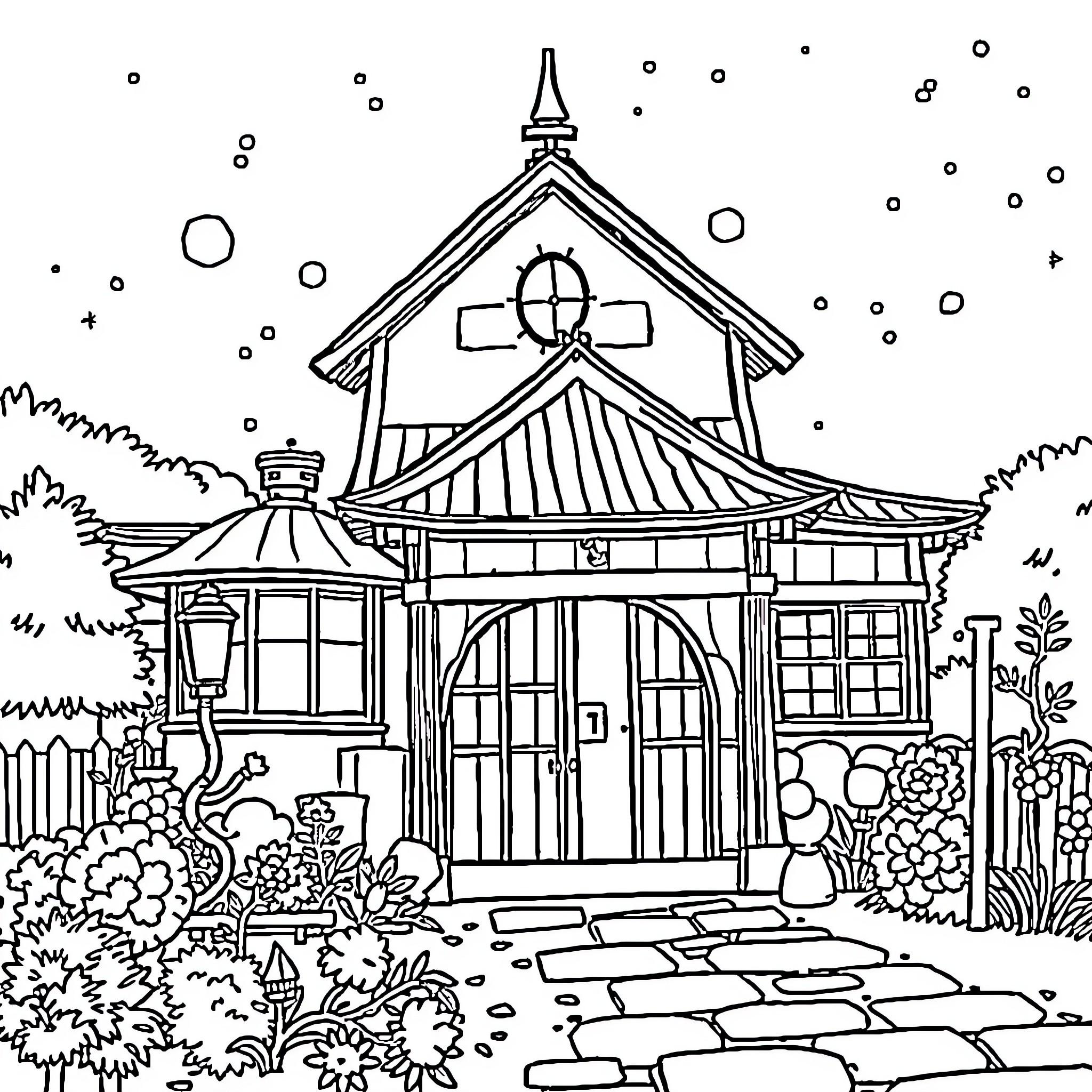 Studio Ghibli-inspired Japanese traditional building with lush garden Coloring Page (free black-and-white line drawing printable PDF for all, from beginners to advanced learners, including children, teens, adults, and seniors)