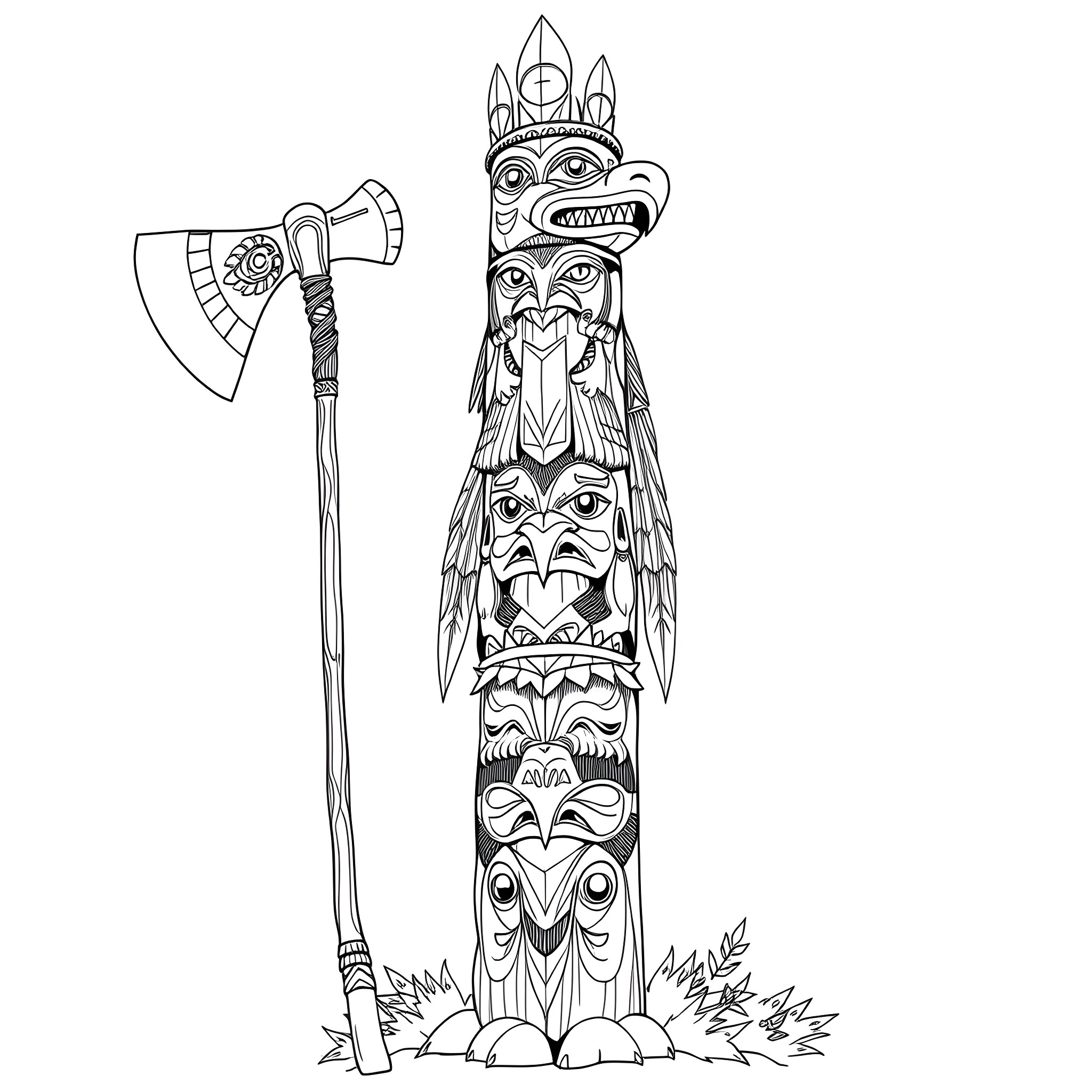 Totem Pole with Intricate Tribal Carvings and Ax Coloring Page (free black-and-white line drawing printable PDF for all, from beginners to advanced learners, including children, teens, adults, and seniors)