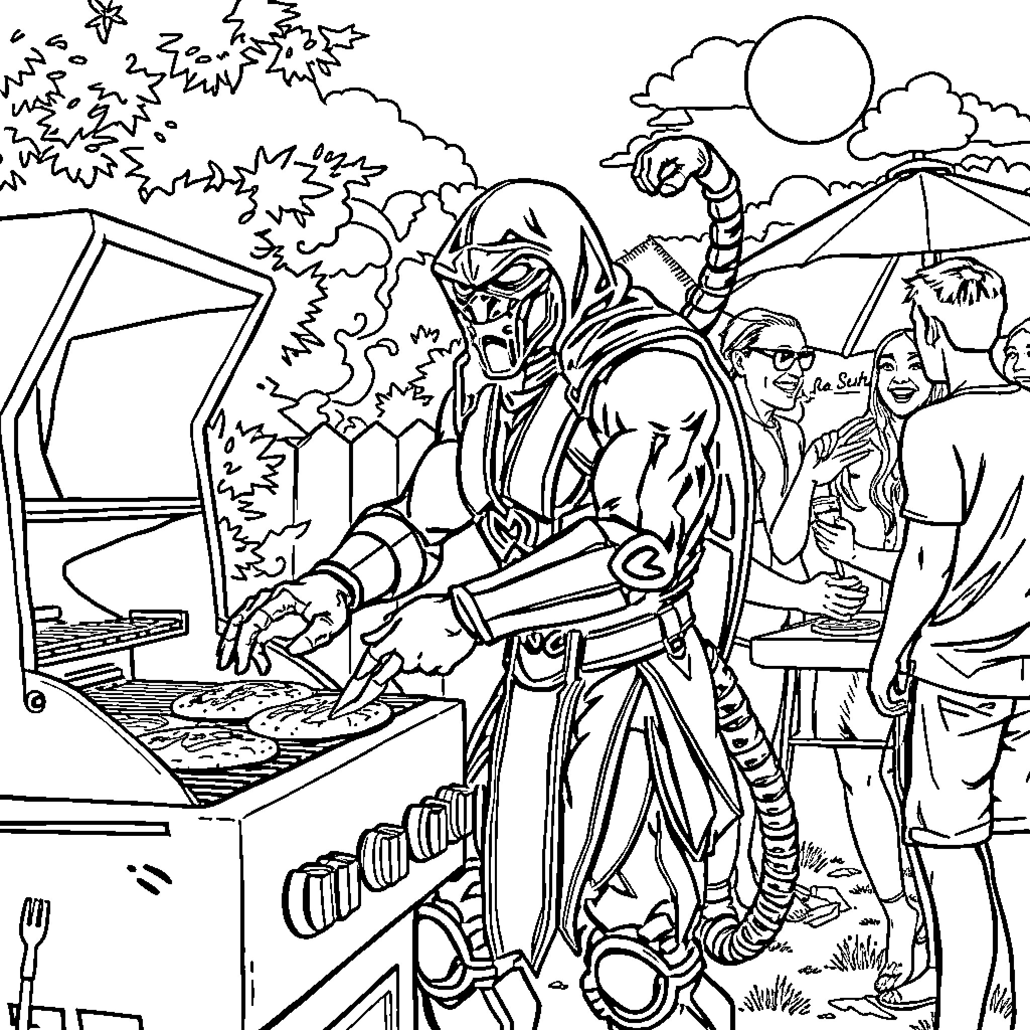 Scorpion cooking up a storm at a picnic Coloring Page (free black-and-white line drawing printable PDF for all, from beginners to advanced learners, including children, teens, adults, and seniors)