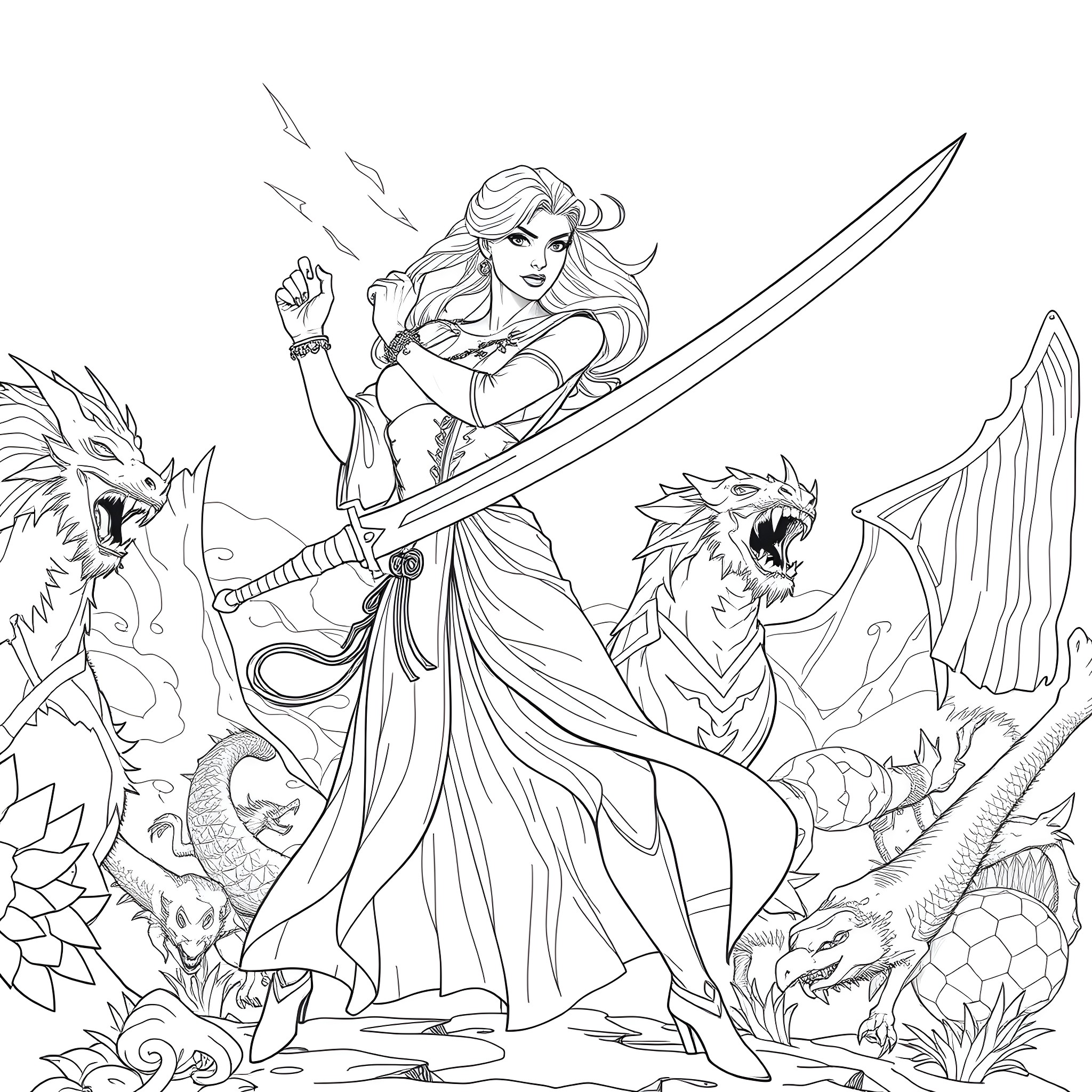 Woman warrior wielding sword amid fantastical creatures Coloring Page (free black-and-white line drawing printable PDF for all, from beginners to advanced learners, including children, teens, adults, and seniors)