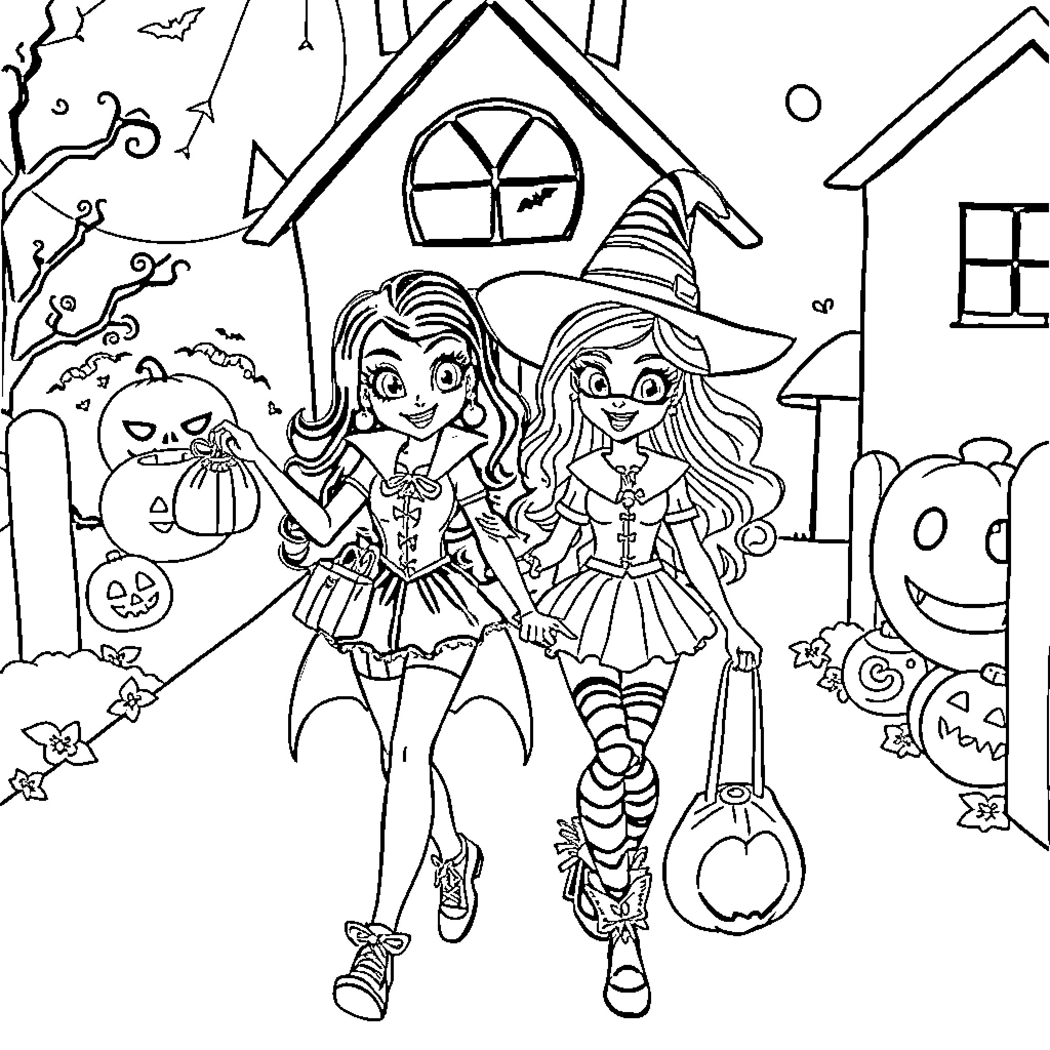 Draculaura and her friend celebrating Halloween Coloring Page (free black-and-white line drawing printable PDF for all, from beginners to advanced learners, including children, teens, adults, and seniors)