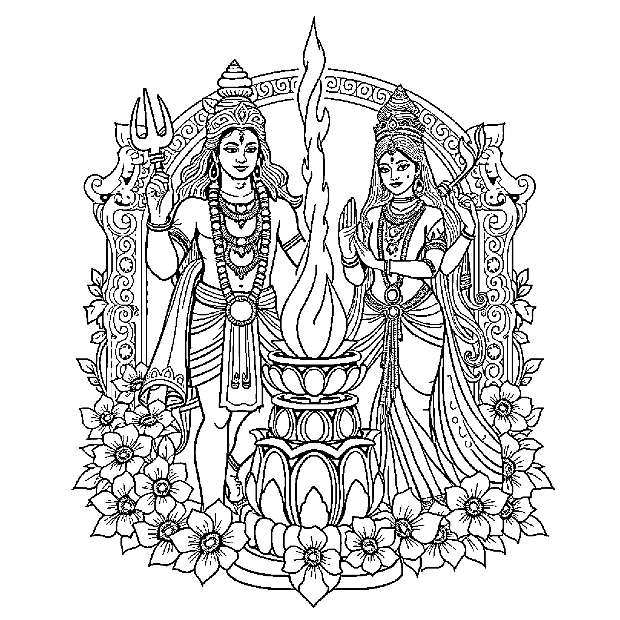 Shiva and Parvati in divine embrace Coloring Page (free black-and-white line drawing printable PDF for all, from beginners to advanced learners, including children, teens, adults, and seniors)