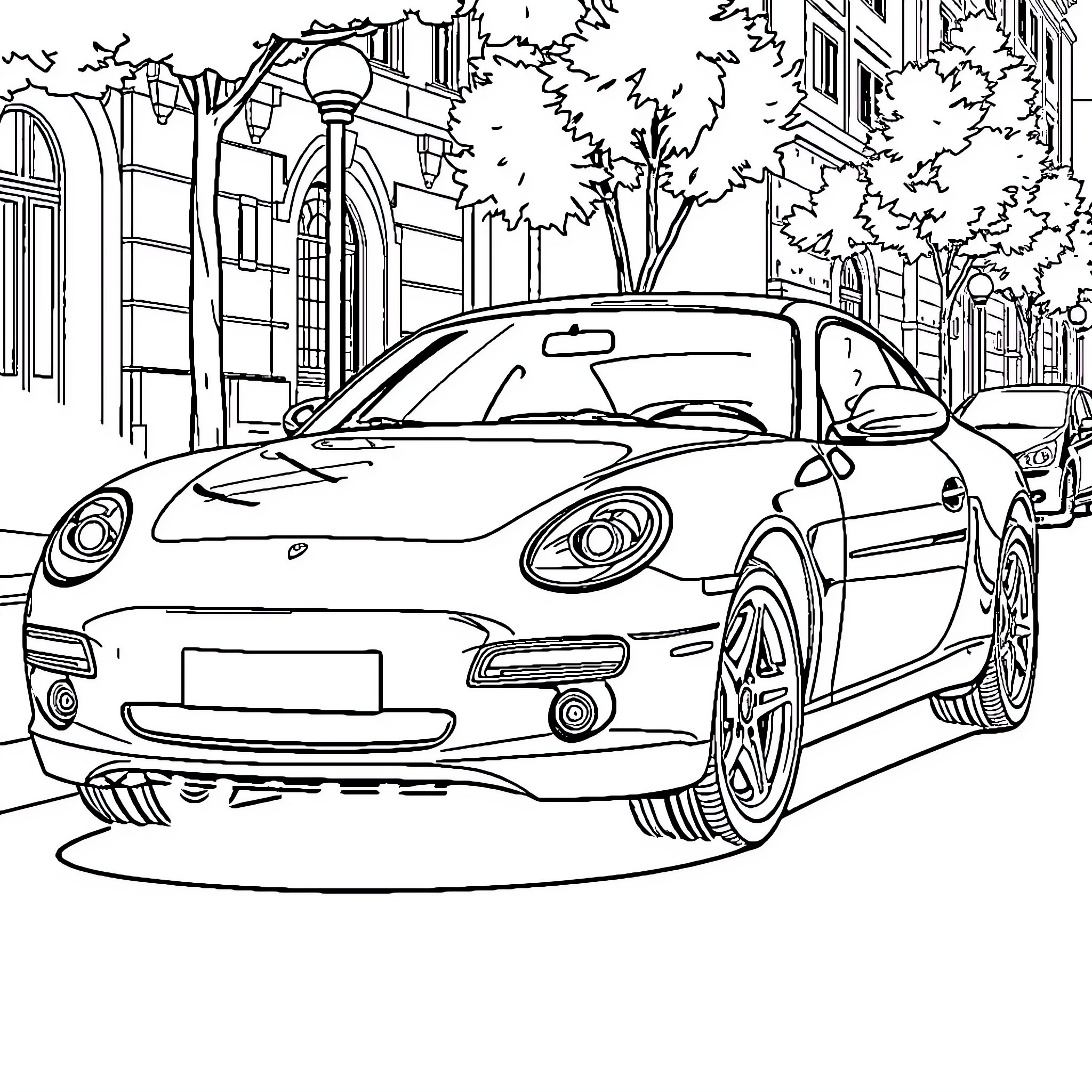 Car on a Vibrant City Street Coloring Page (free black-and-white line drawing printable PDF for all, from beginners to advanced learners, including children, teens, adults, and seniors)