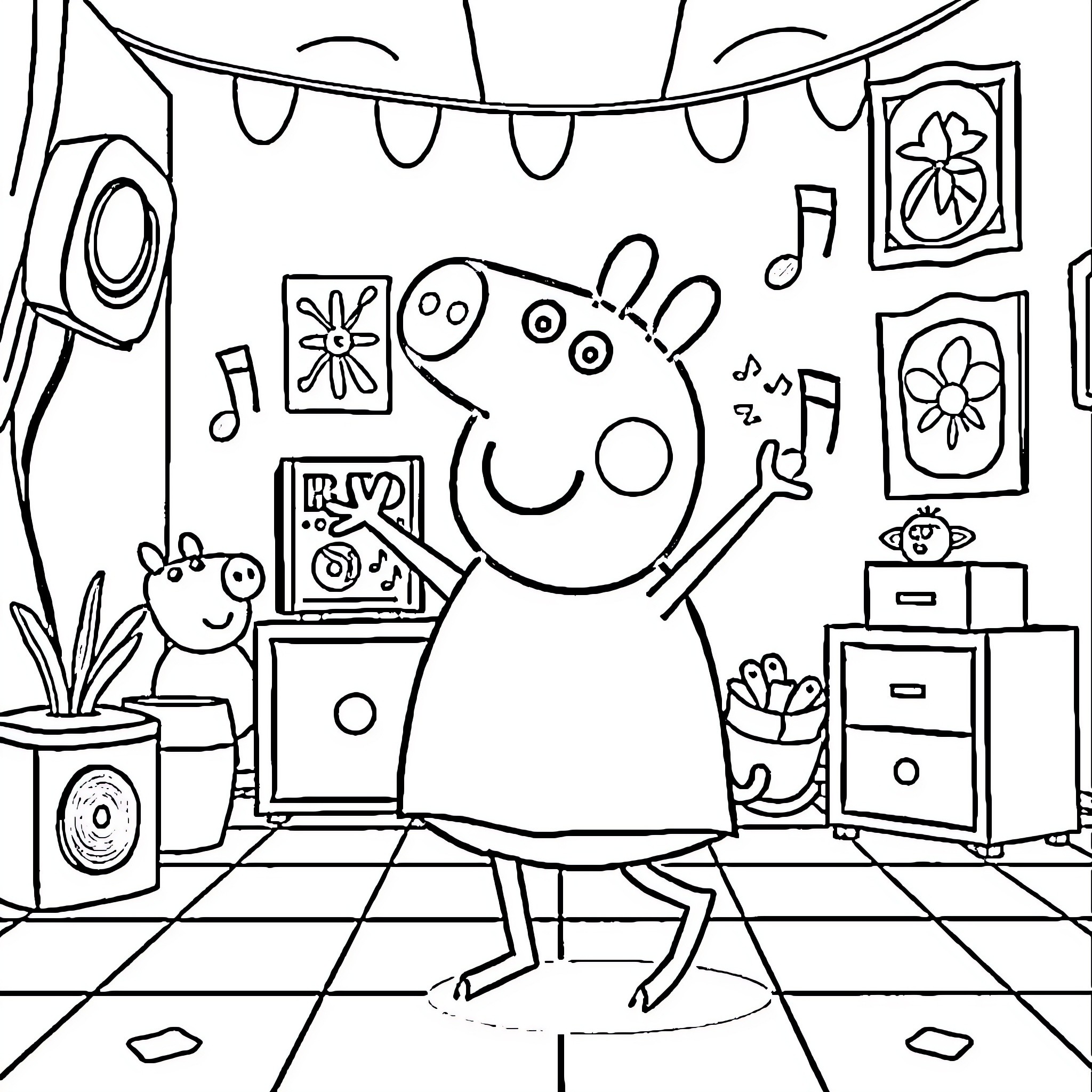 Peppa Pig singing and dancing in a cheerful room Coloring Page (free black-and-white line drawing printable PDF for all, from beginners to advanced learners, including children, teens, adults, and seniors)