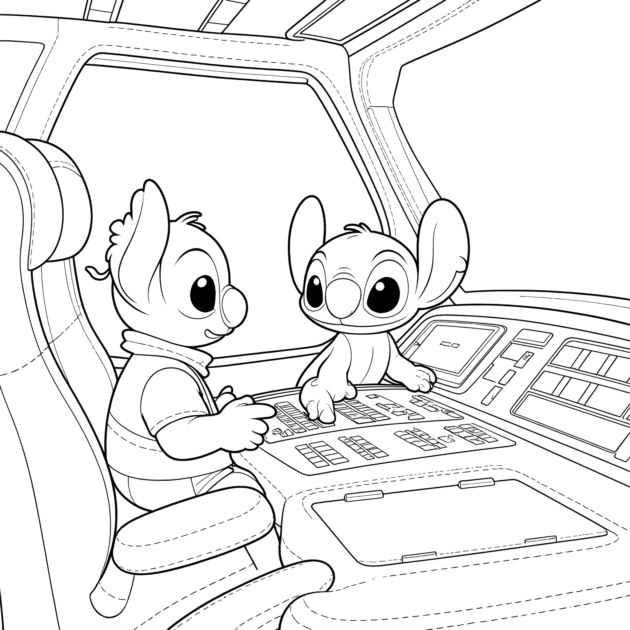 Lilo and Stitch in a Spaceship Interior Coloring Page (free black-and-white line drawing printable PDF for all, from beginners to advanced learners, including children, teens, adults, and seniors)