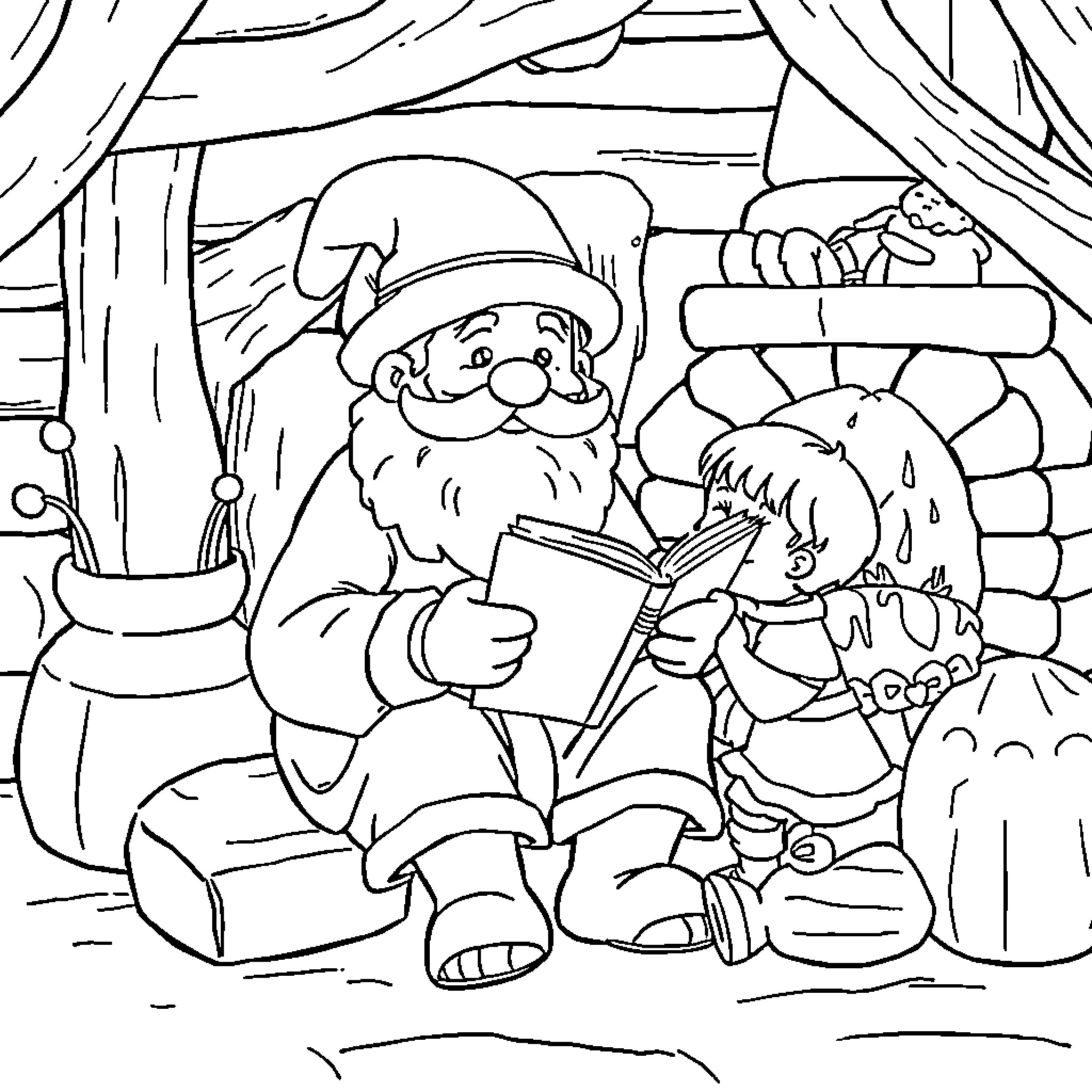 Sandman reads a story to a young child by the fireplace Coloring Page (free black-and-white line drawing printable PDF for all, from beginners to advanced learners, including children, teens, adults, and seniors)