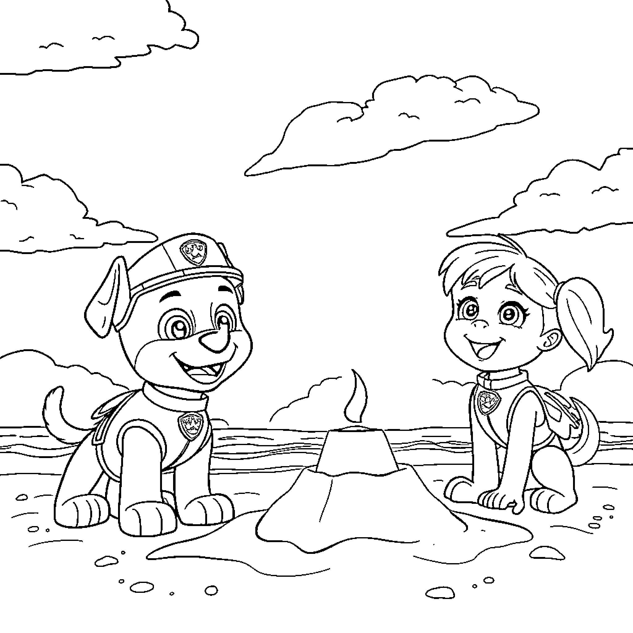 Paw Patrol Pups Playing on the Beach Coloring Page (free black-and-white line drawing printable PDF for all, from beginners to advanced learners, including children, teens, adults, and seniors)
