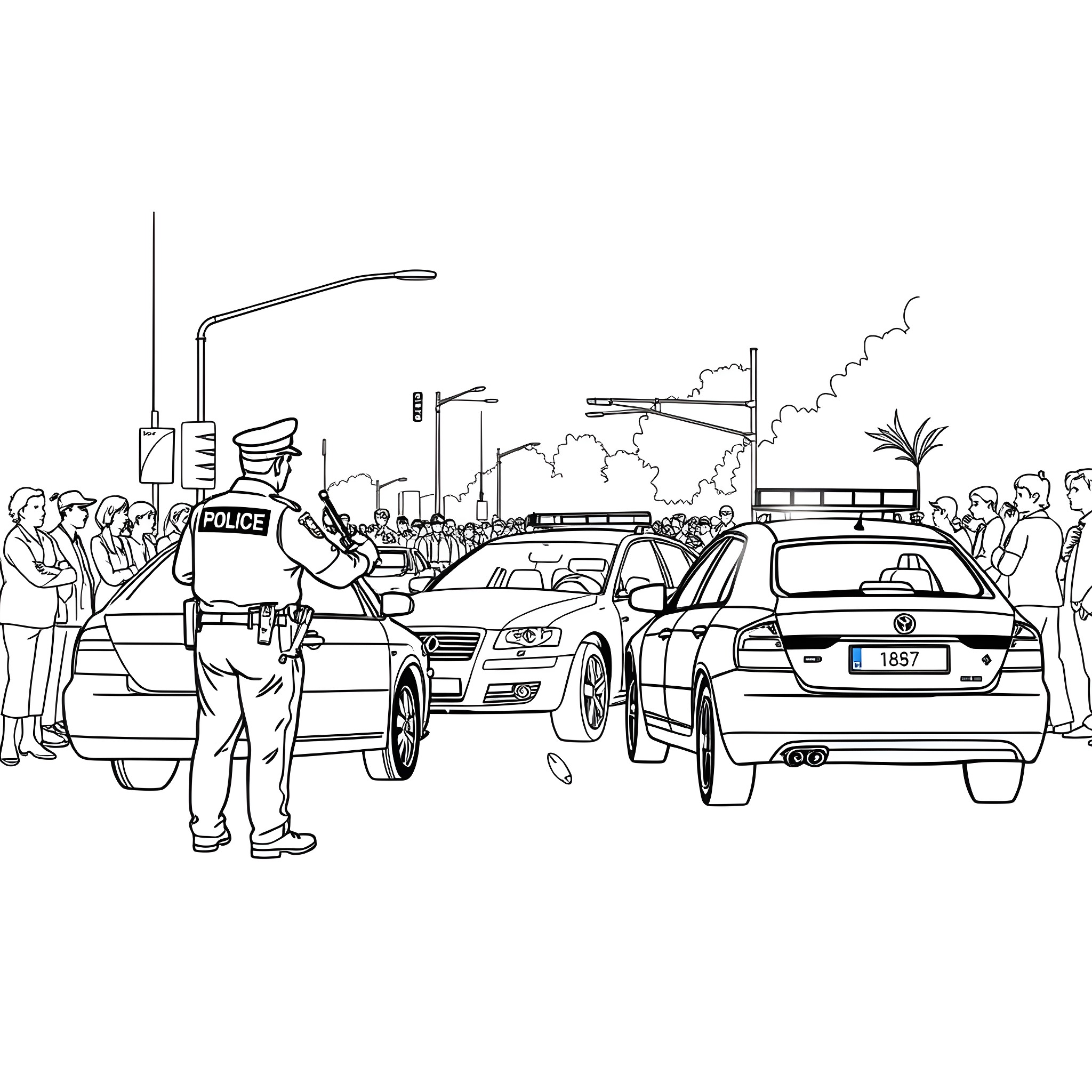 Police Officers Responding to Incident in the City Coloring Page (free black-and-white line drawing printable PDF for all, from beginners to advanced learners, including children, teens, adults, and seniors)