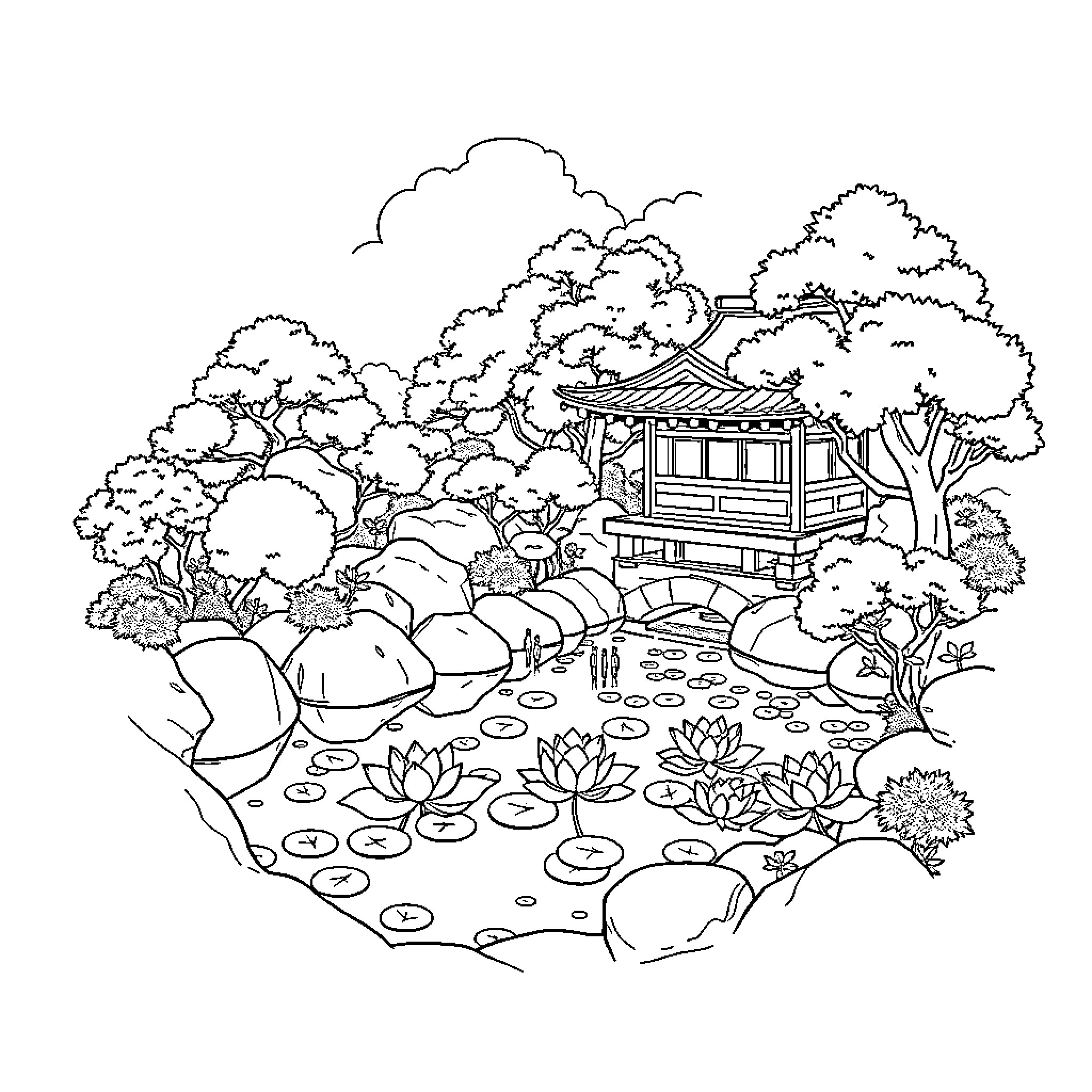 Japanese Garden with Pagoda and Pond Coloring Page (free black-and-white line drawing printable PDF for all, from beginners to advanced learners, including children, teens, adults, and seniors)