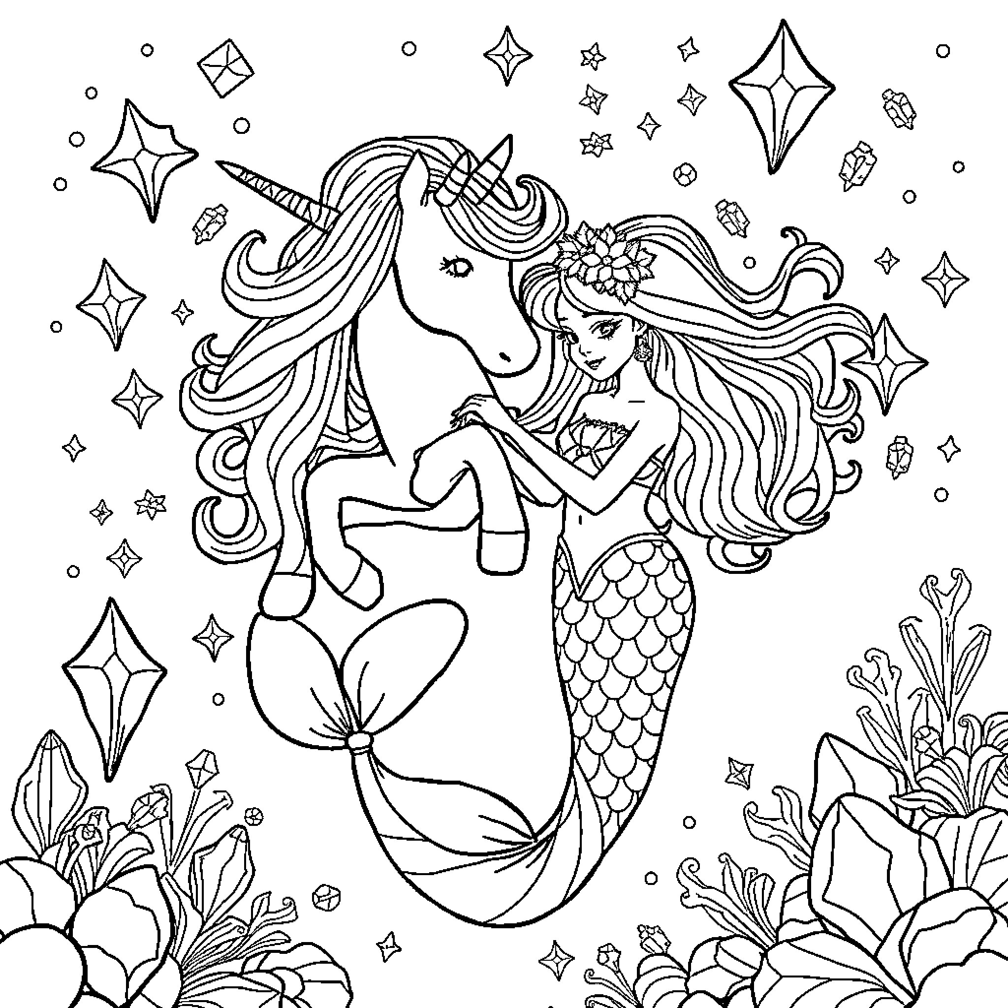 Unicorn Mermaid in a Sparkling Undersea World Coloring Page (free black-and-white line drawing printable PDF for all, from beginners to advanced learners, including children, teens, adults, and seniors)