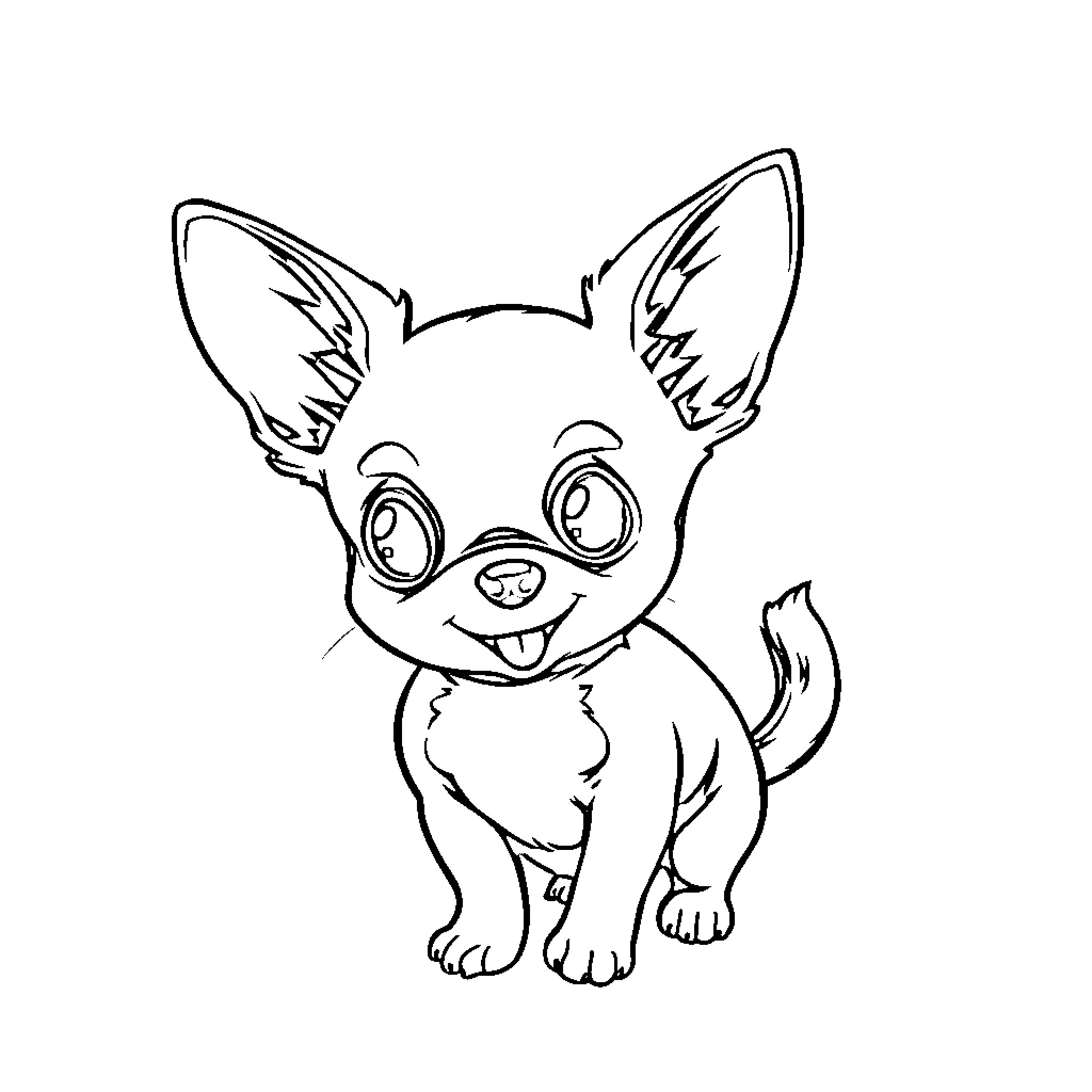 Chihuahua puppy happily smiling Coloring Page (free black-and-white line drawing printable PDF for all, from beginners to advanced learners, including children, teens, adults, and seniors)