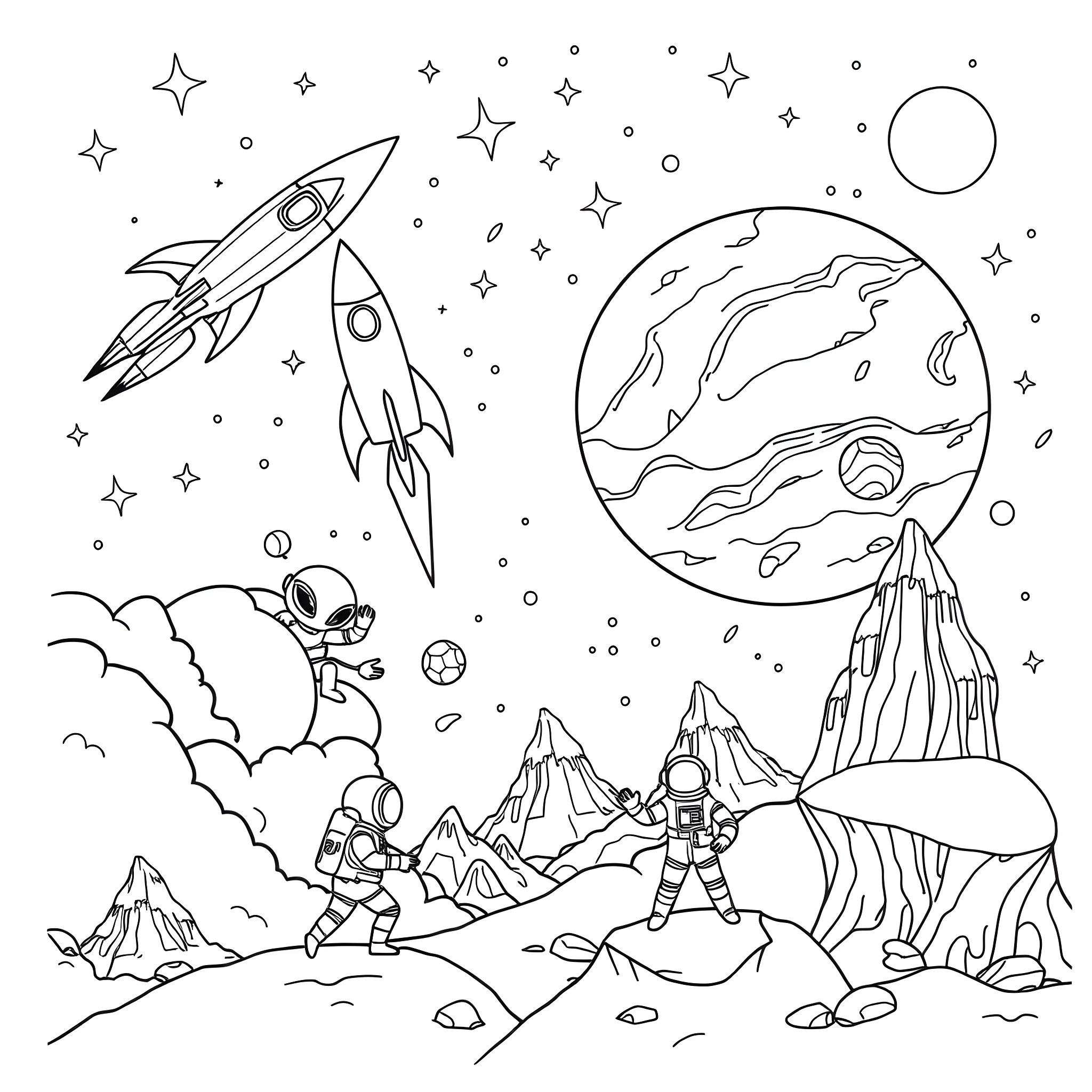 Rocket launch into the starry space Coloring Page (free black-and-white line drawing printable PDF for all, from beginners to advanced learners, including children, teens, adults, and seniors)