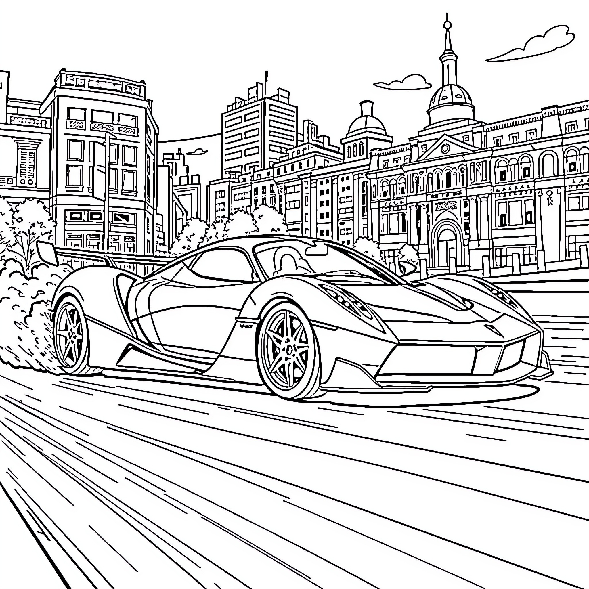 Pagani Supercar Racing Through Vibrant City Skyline Coloring Page (free black-and-white line drawing printable PDF for all, from beginners to advanced learners, including children, teens, adults, and seniors)