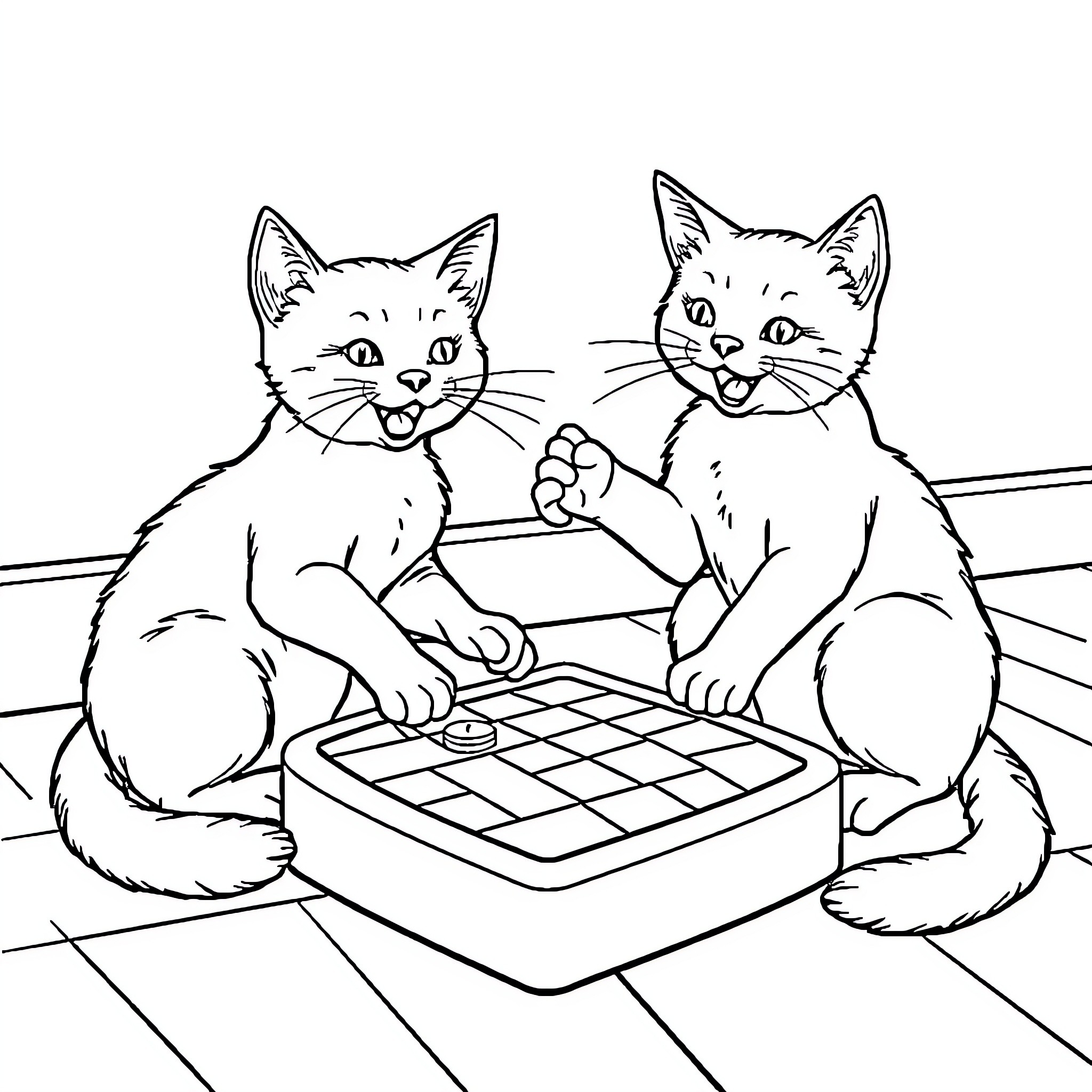 Cats Playing a Board Game Coloring Page (free black-and-white line drawing printable PDF for all, from beginners to advanced learners, including children, teens, adults, and seniors)