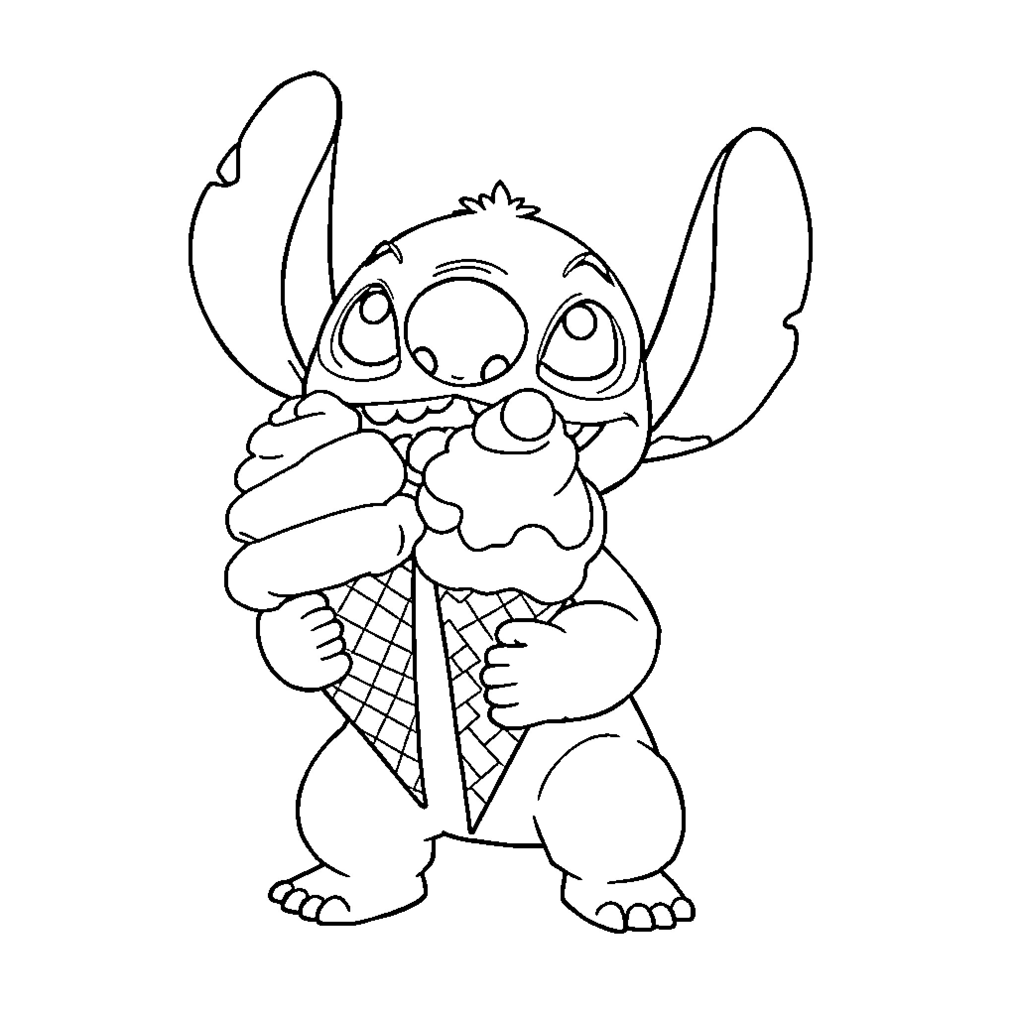 Stitch enjoying a tasty ice cream treat Coloring Page (free black-and-white line drawing printable PDF for all, from beginners to advanced learners, including children, teens, adults, and seniors)