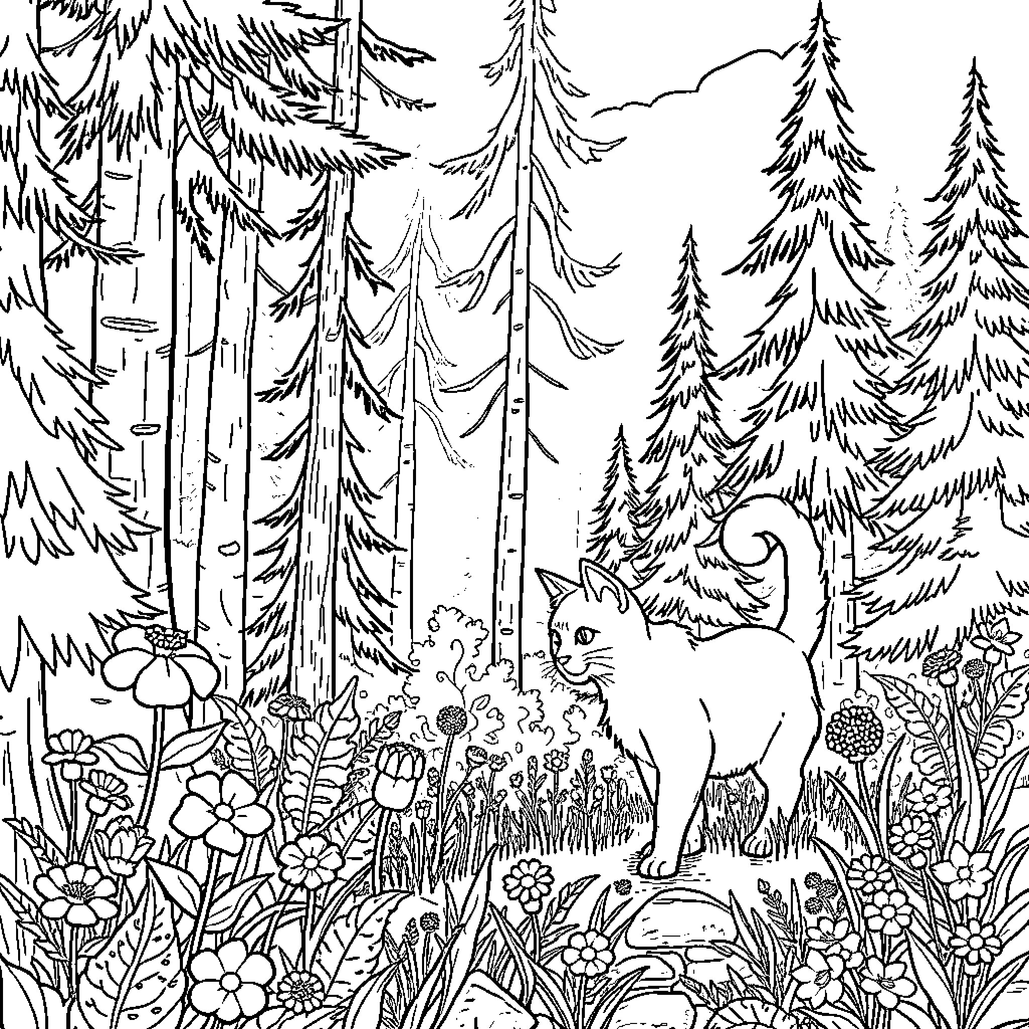 Cat exploring enchanted forest scenery Coloring Page (free black-and-white line drawing printable PDF for all, from beginners to advanced learners, including children, teens, adults, and seniors)